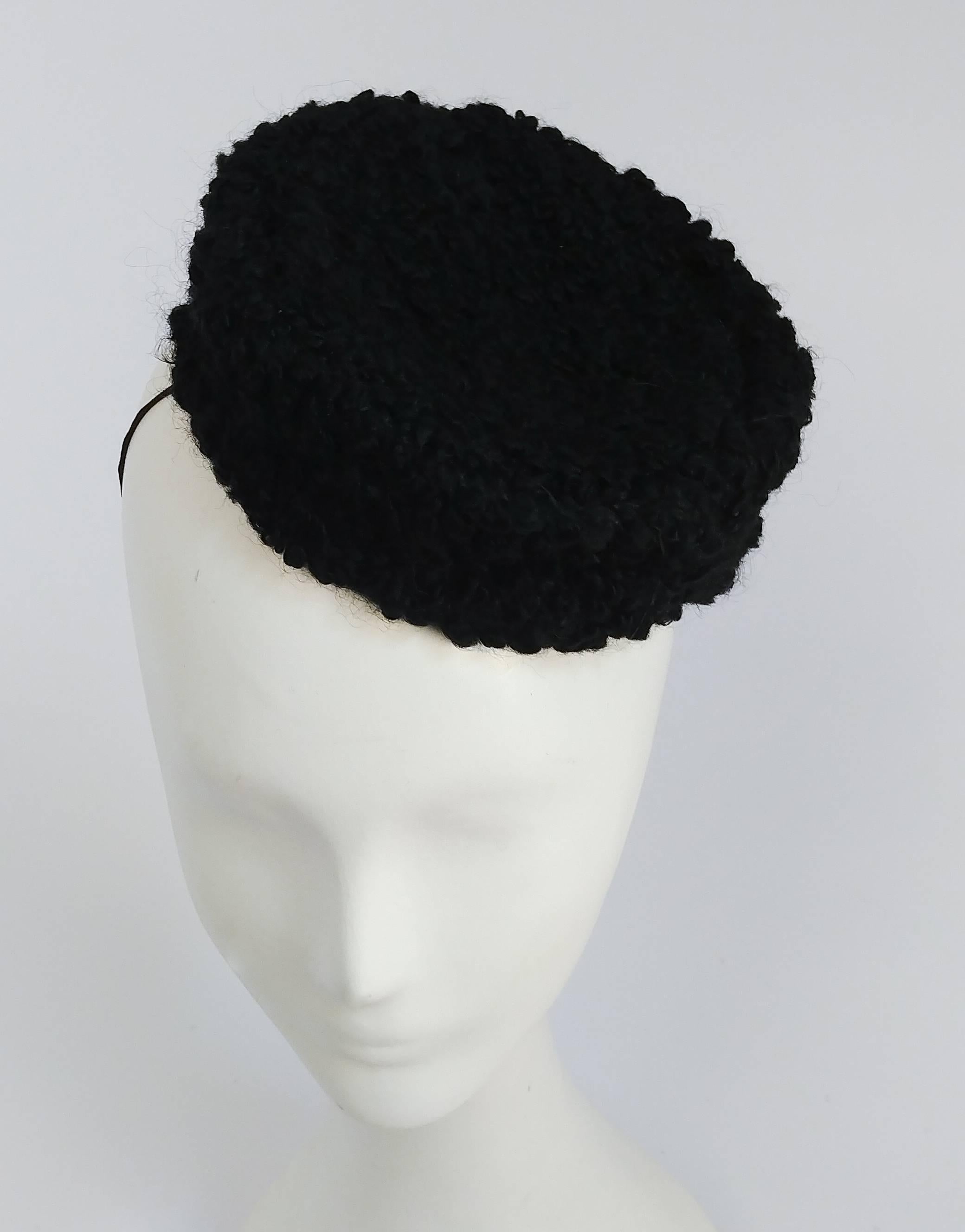 1940s Persian Lamb Miniature Pillbox Hat. Held on with elastic and combs on either side. 