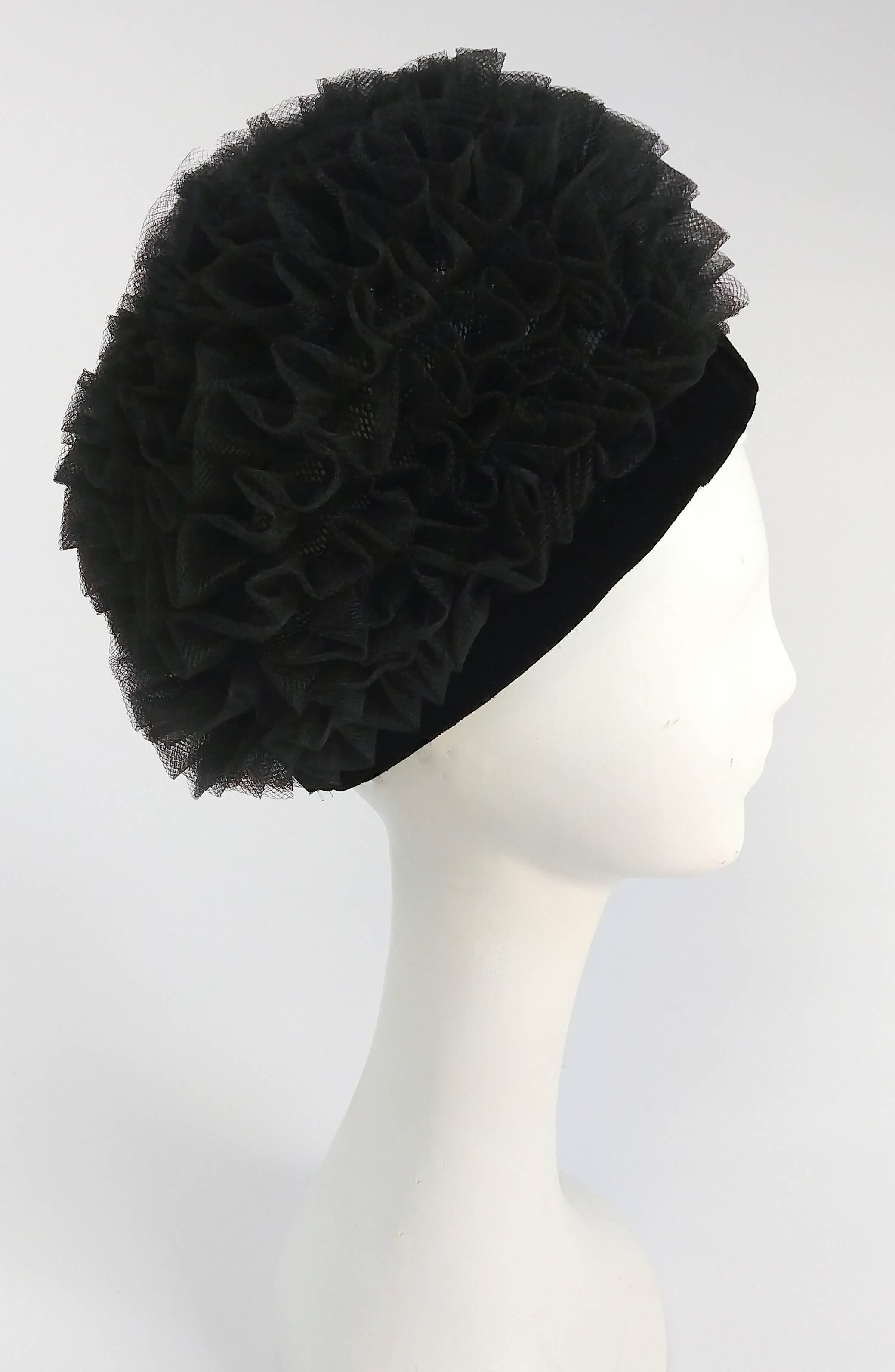 Women's 1960s Black Tulle Ruffled Hat w/ Velvet Front Bow For Sale