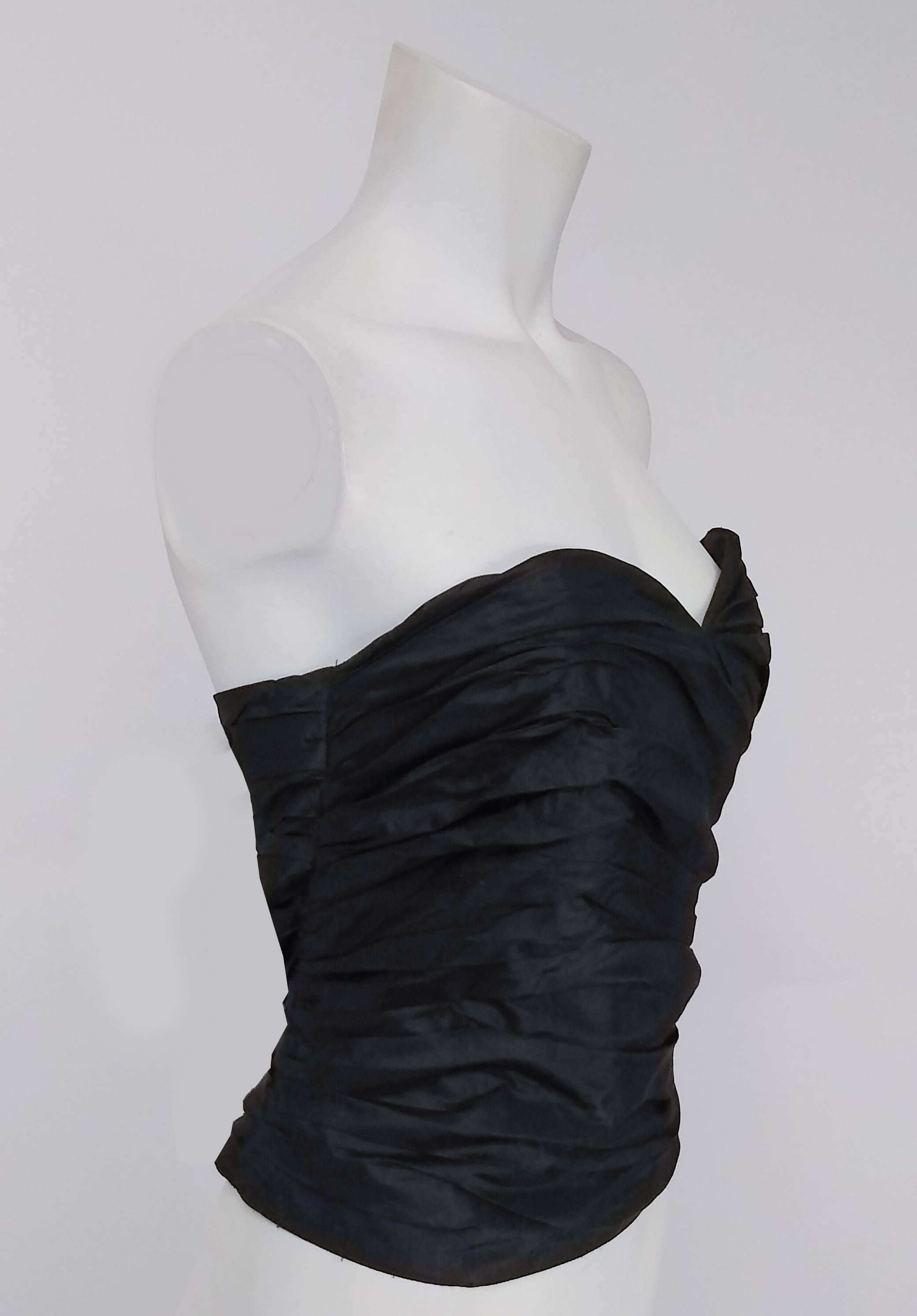 1980s Ruched Black Silk Organza Taffeta. Buttons in back.