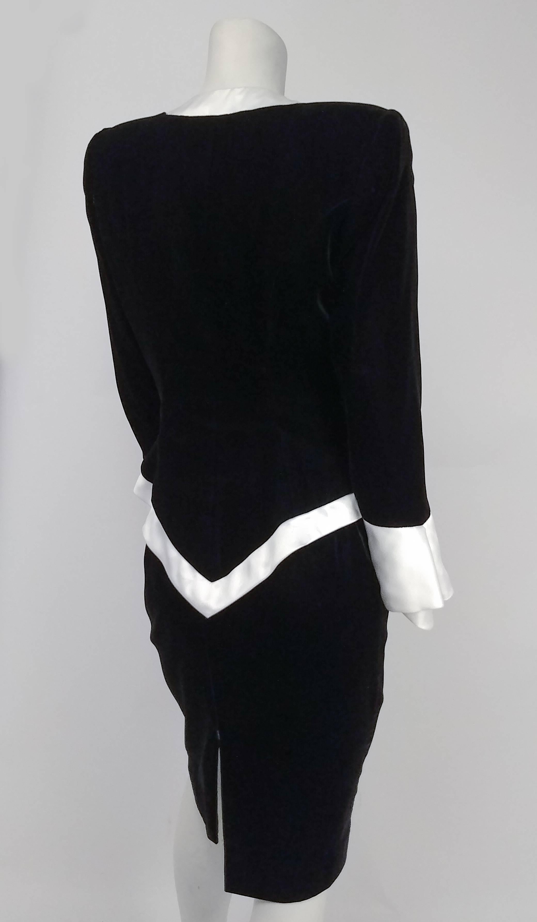 1980s Lilli Rubin Black Velvet Jacket & Skirt Suit Set w/ White Satin Trim In Excellent Condition For Sale In San Francisco, CA