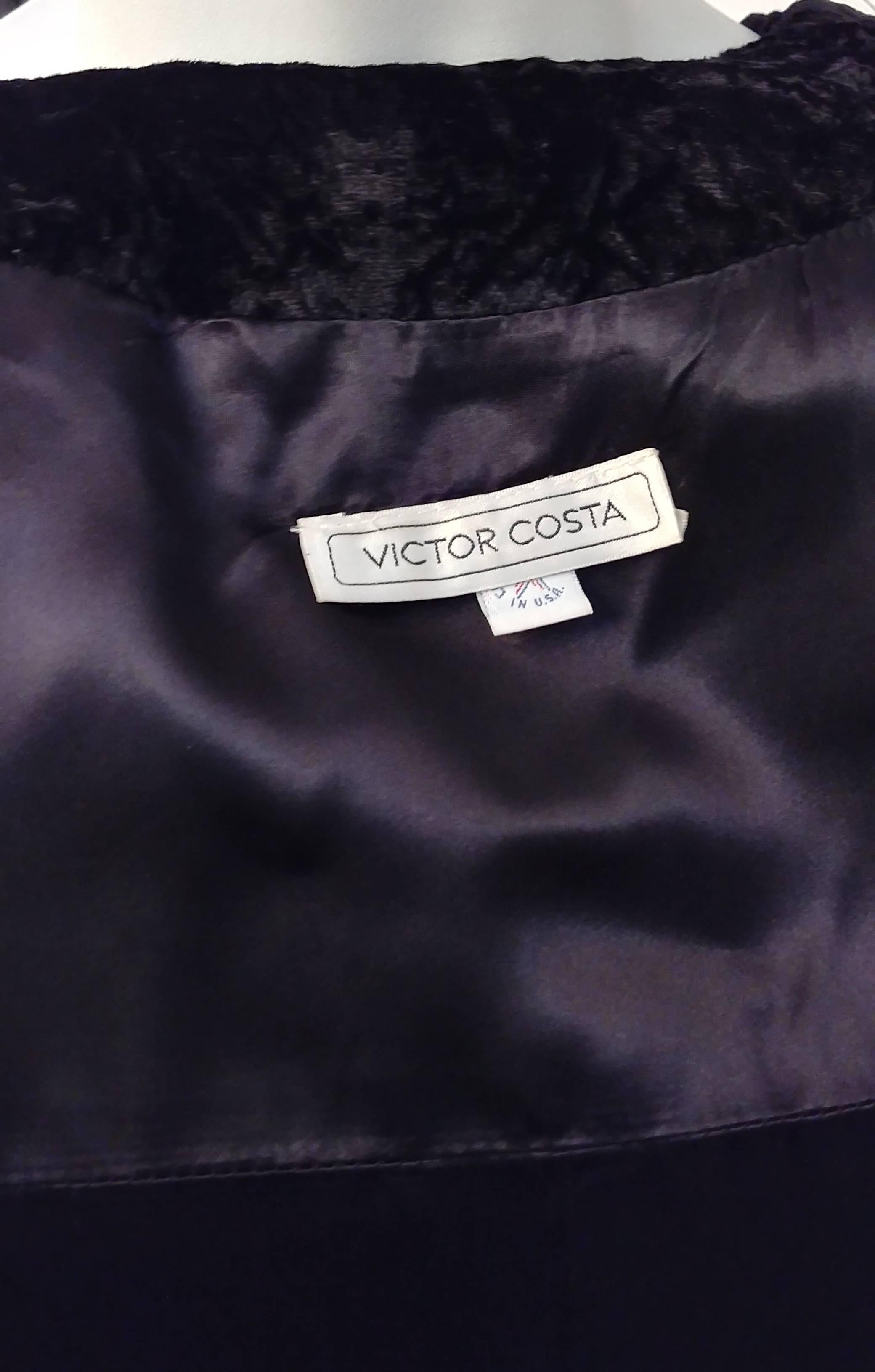 1980s Victor Costa Black Crushed Velvet Suit Set w/ Embroidered Flower Sleeves For Sale 2