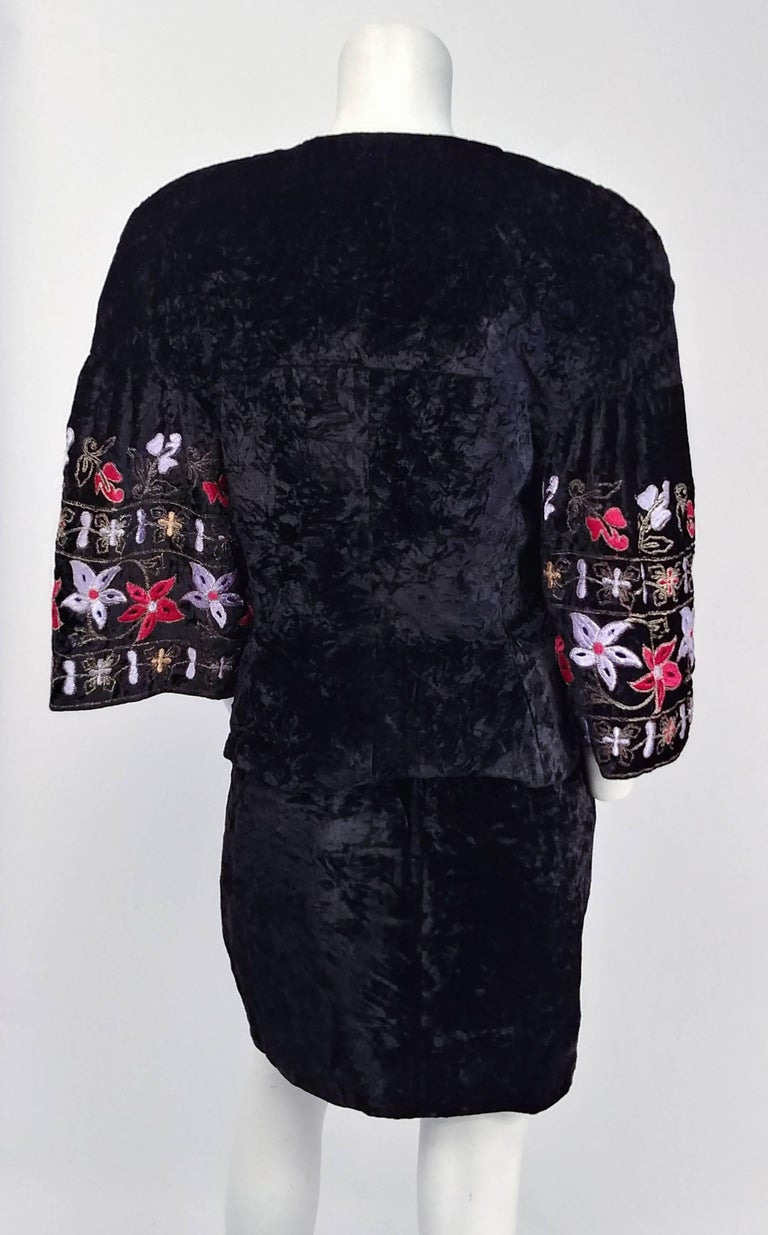 1980s Victor Costa Black Crushed Velvet Suit Set w/ Embroidered Flower ...
