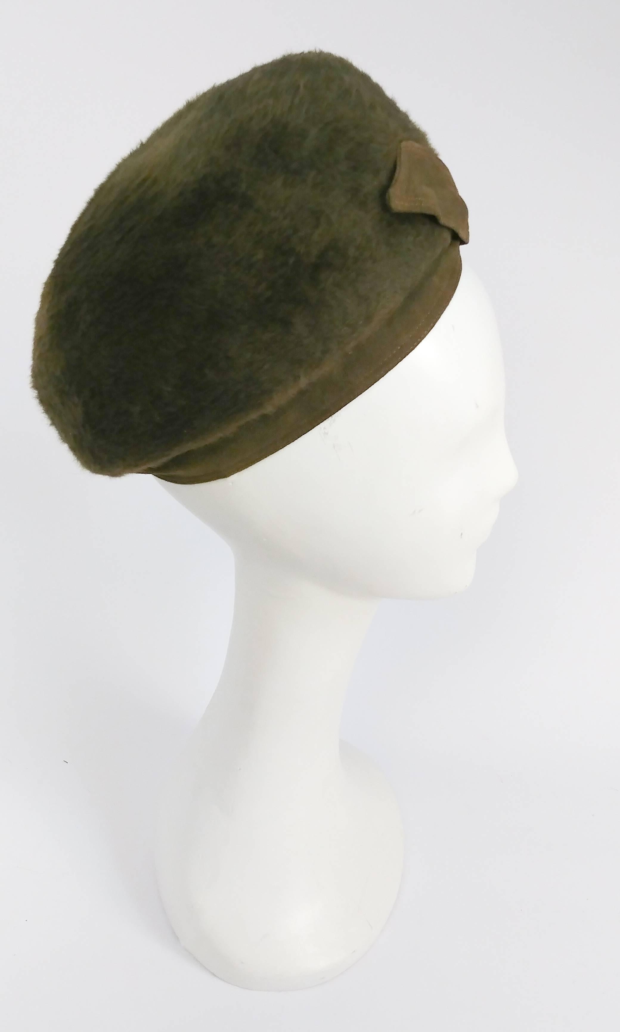1960s Moss Green Felt Hat w/ Crossover Ribbon Detail 1