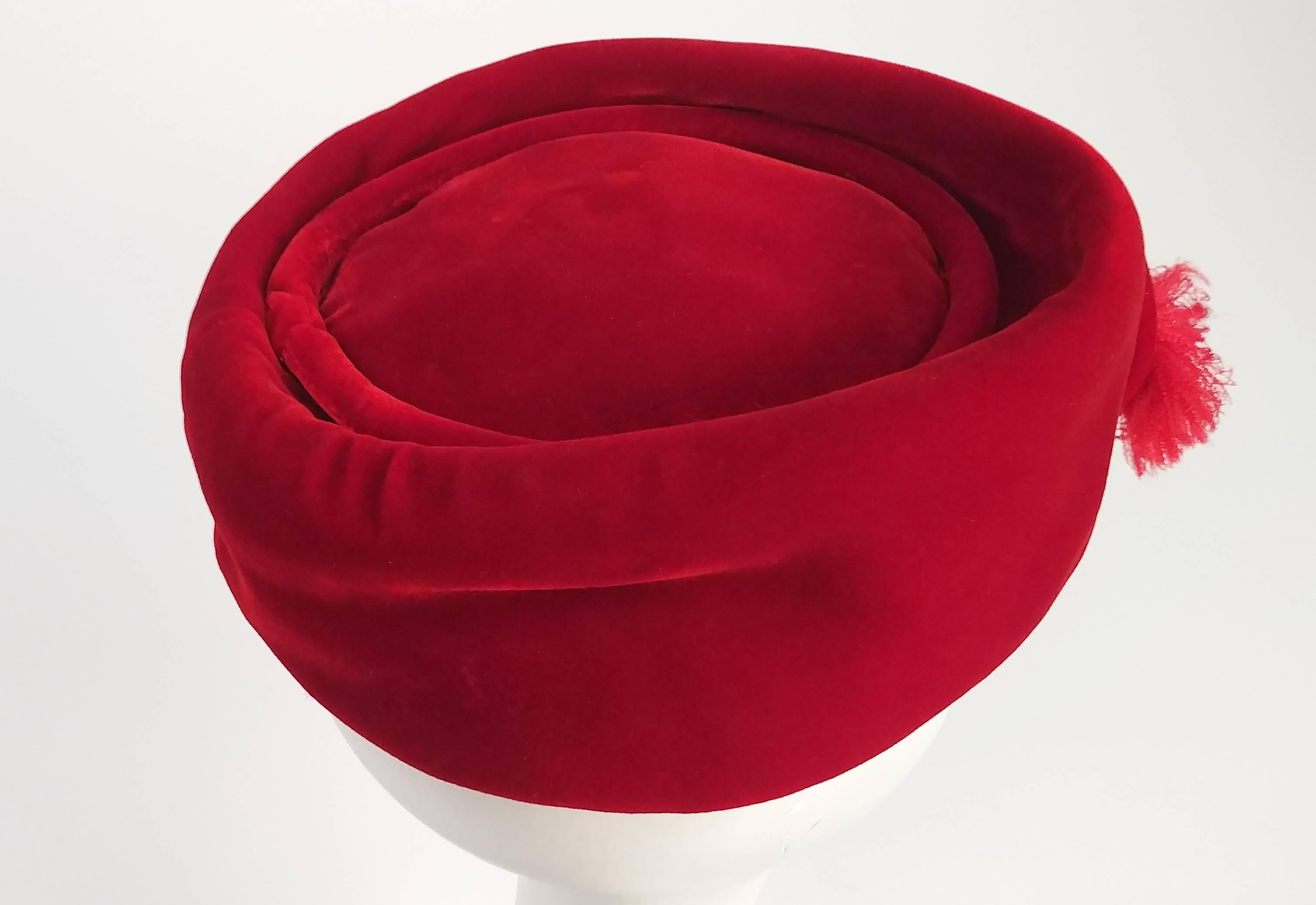 1960s Red Velvet Pillbox Hat w/ Tassel. Colorful jacquard lining. 