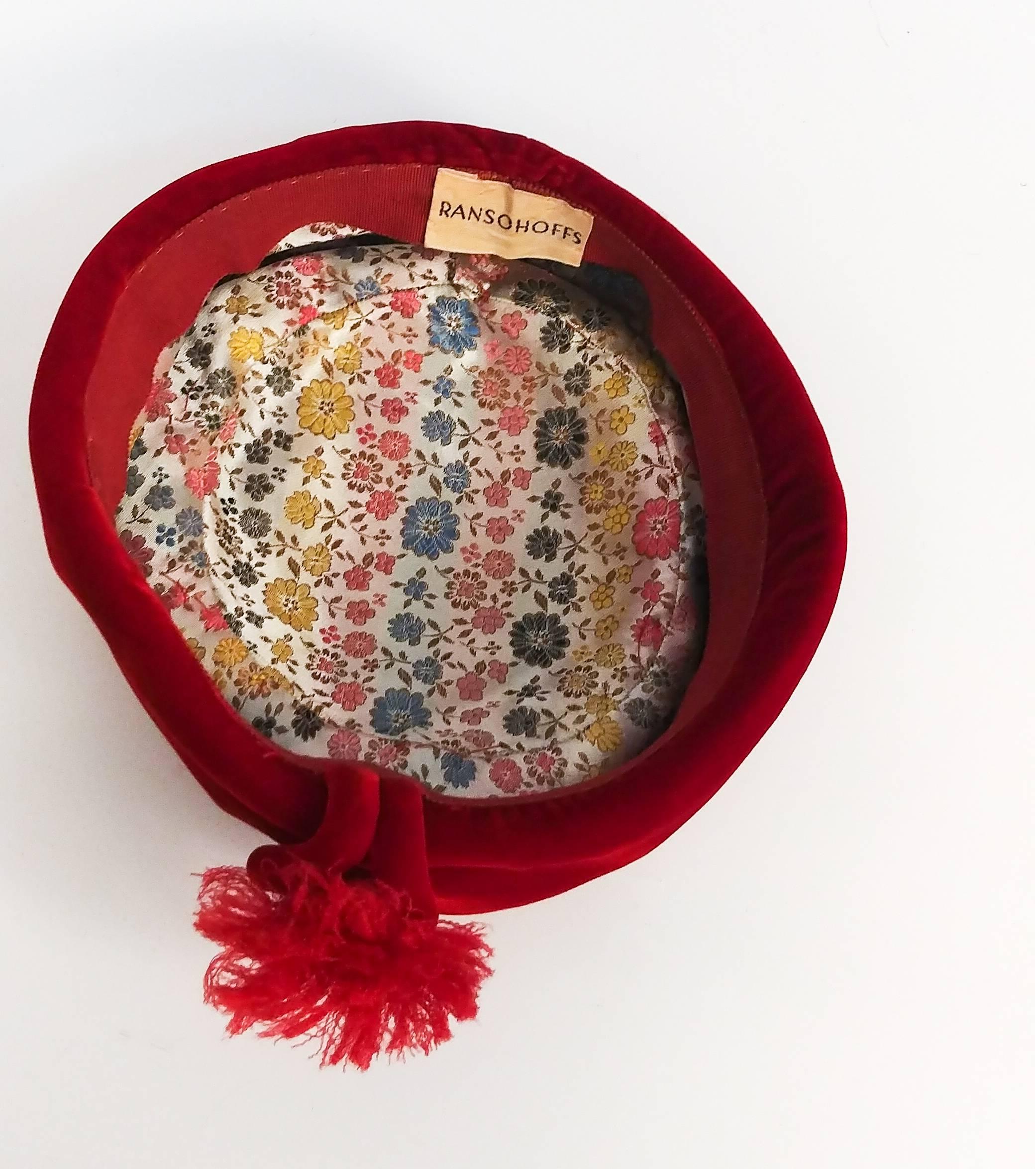 Gray 1960s Red Velvet Pillbox Hat w/ Tassel For Sale