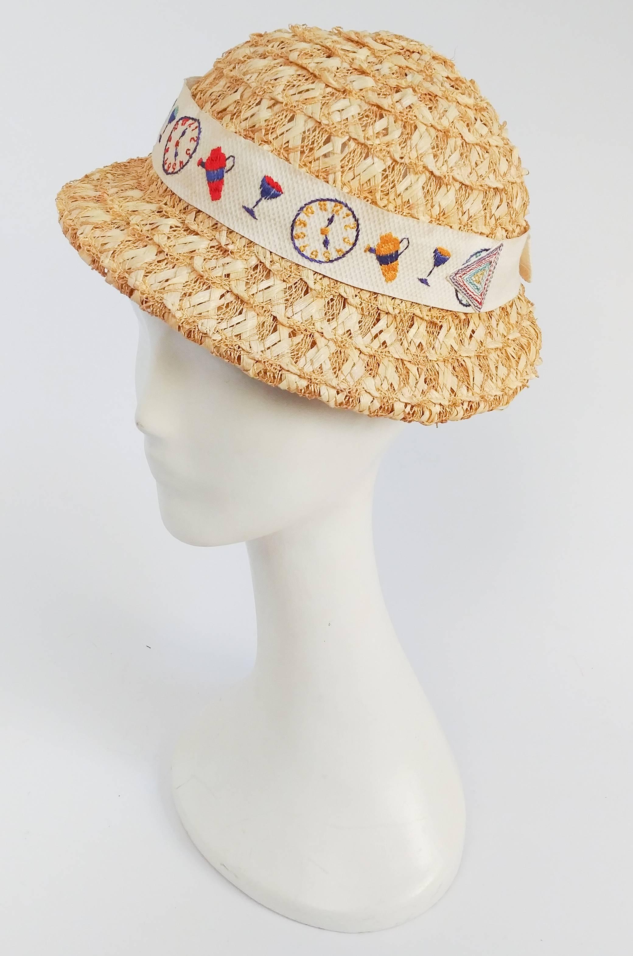1930s Cocktail Time Straw Hat. Adorable 1930s day hat with embroidered pique ribbon featuring little shakers and cocktail glasses. 