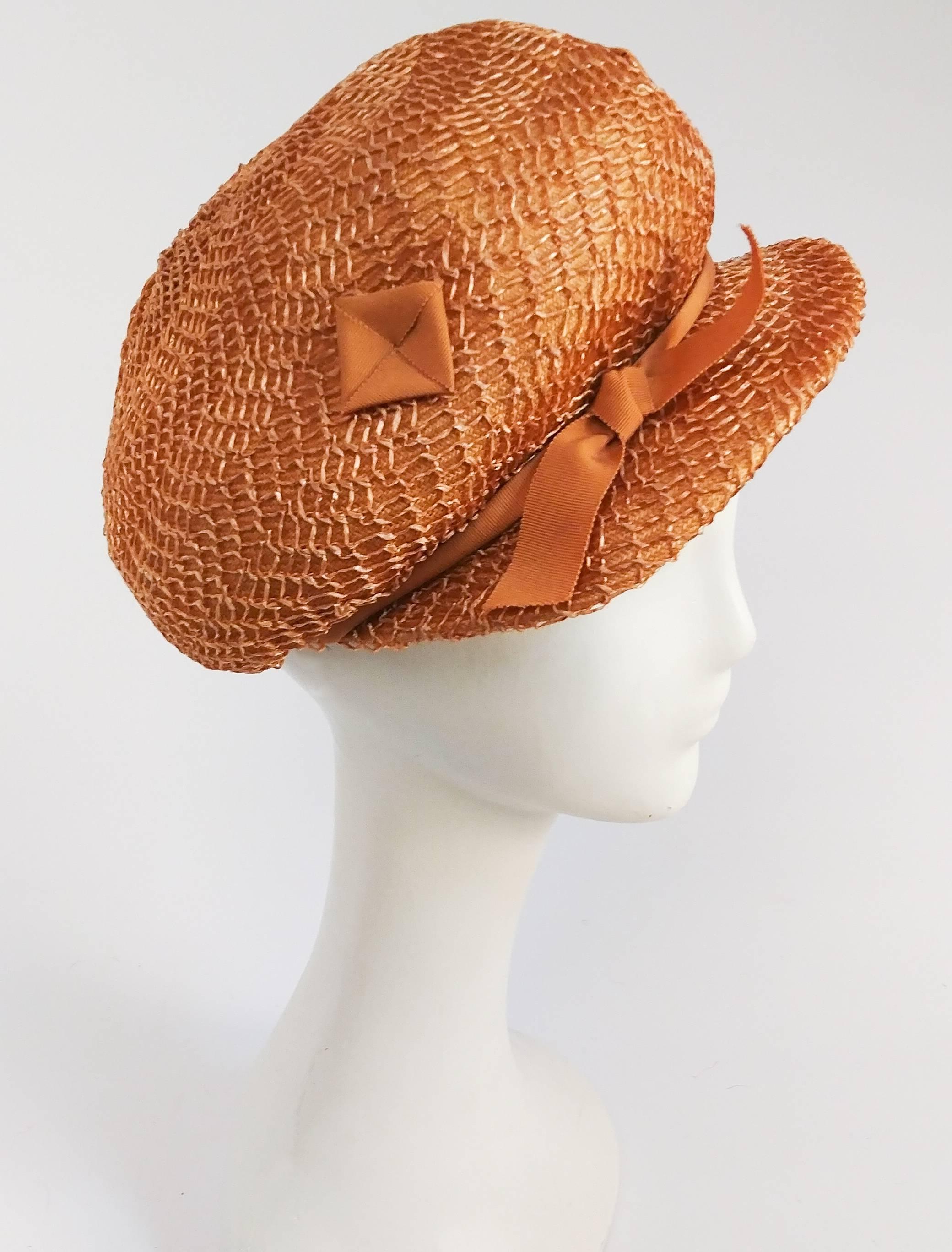 1960s Straw Cap w/ Grosgrain Ribbon Detail. Puffy woven straw cap with brim embellished with little folded grosgrain ribbon squares.  