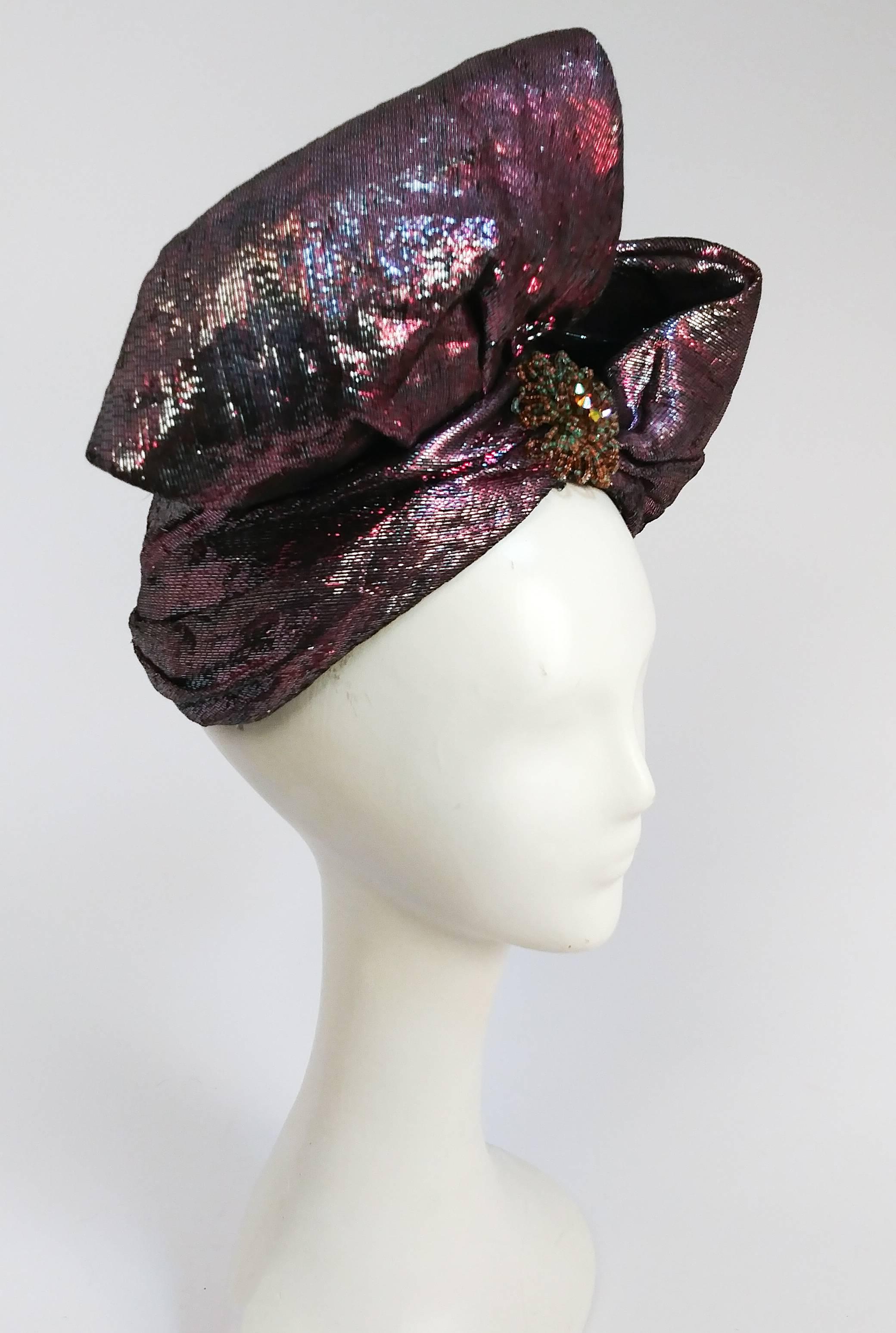 Black 1980s Metallic Pink/Purple Wrapped Turban Hat w/ Bow  
