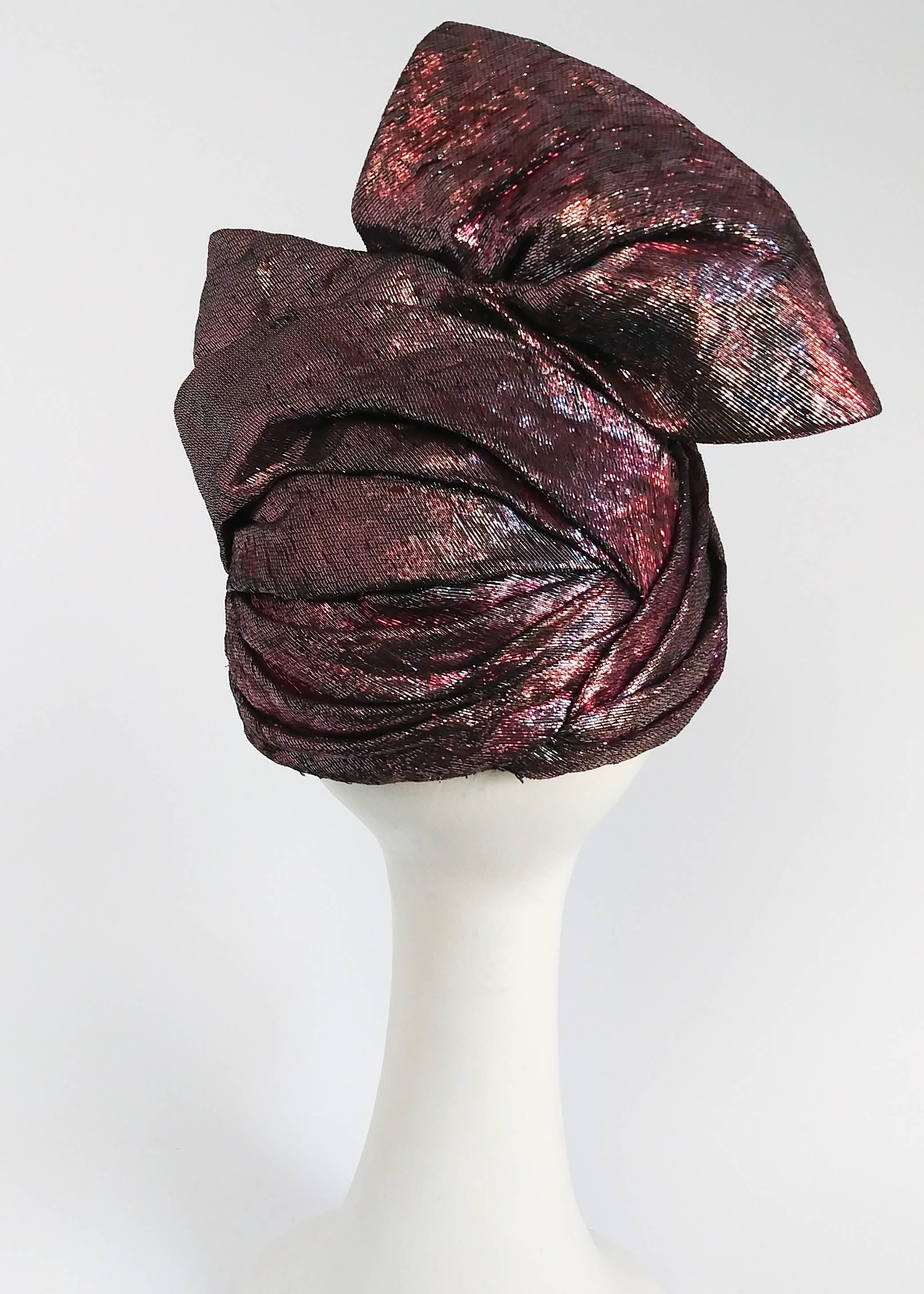 1980s Metallic Pink/Purple Wrapped Turban Hat w/ Bow   In Excellent Condition In San Francisco, CA