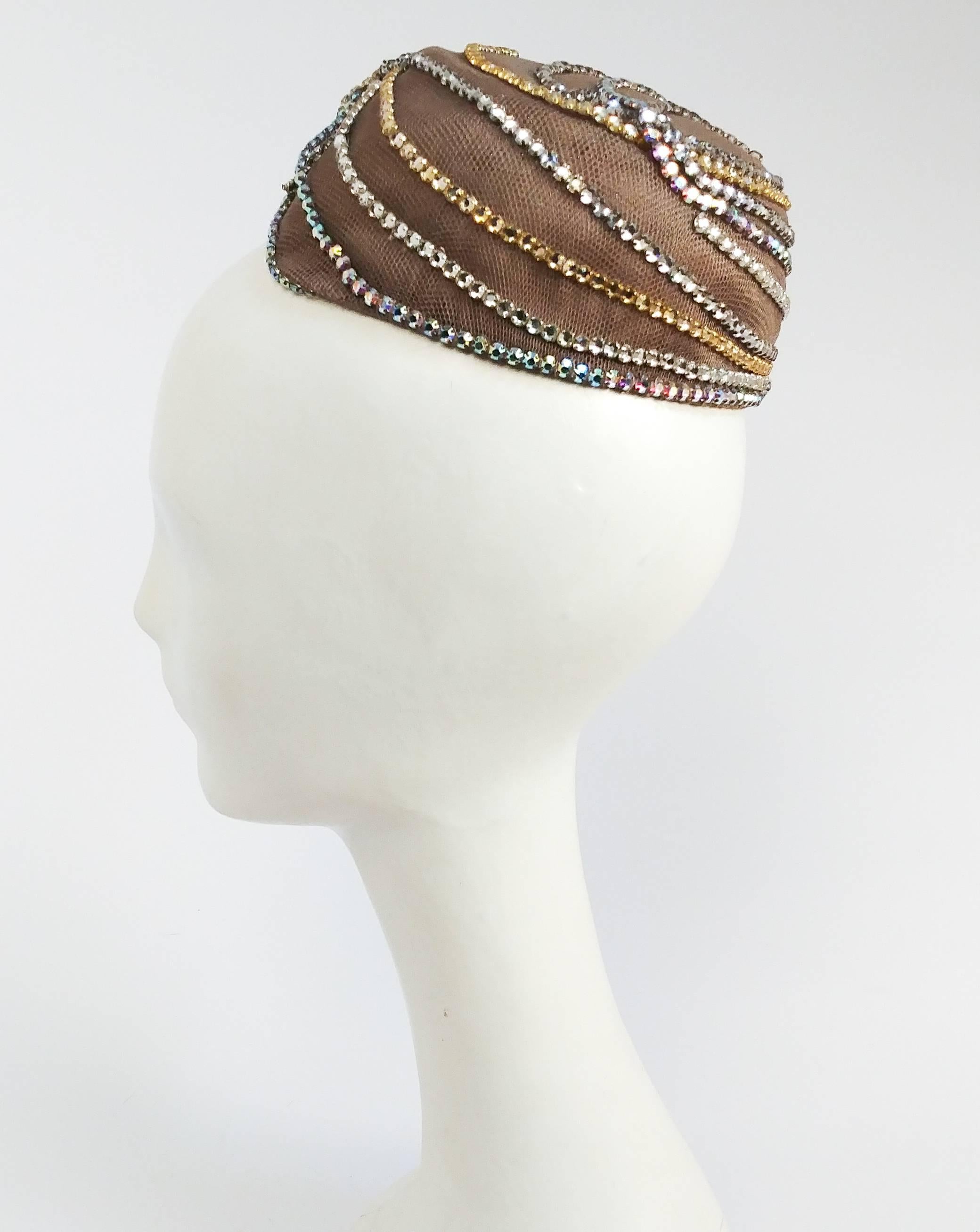 Gray 1960s Small Hat w/ Rhinestone Swirls For Sale