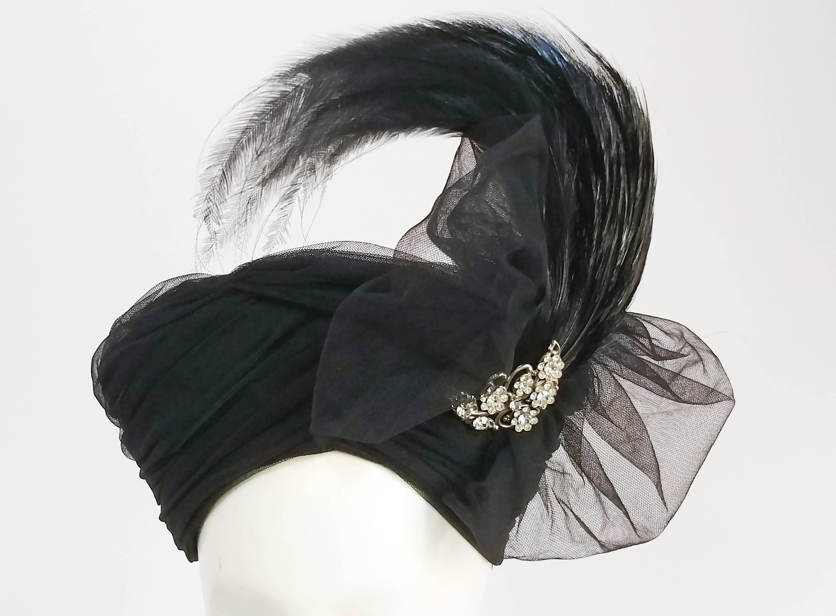 1980s Tulle Turban w/ Feathers & Rhinestone Brooch. Large tulle bow on one side of hat.