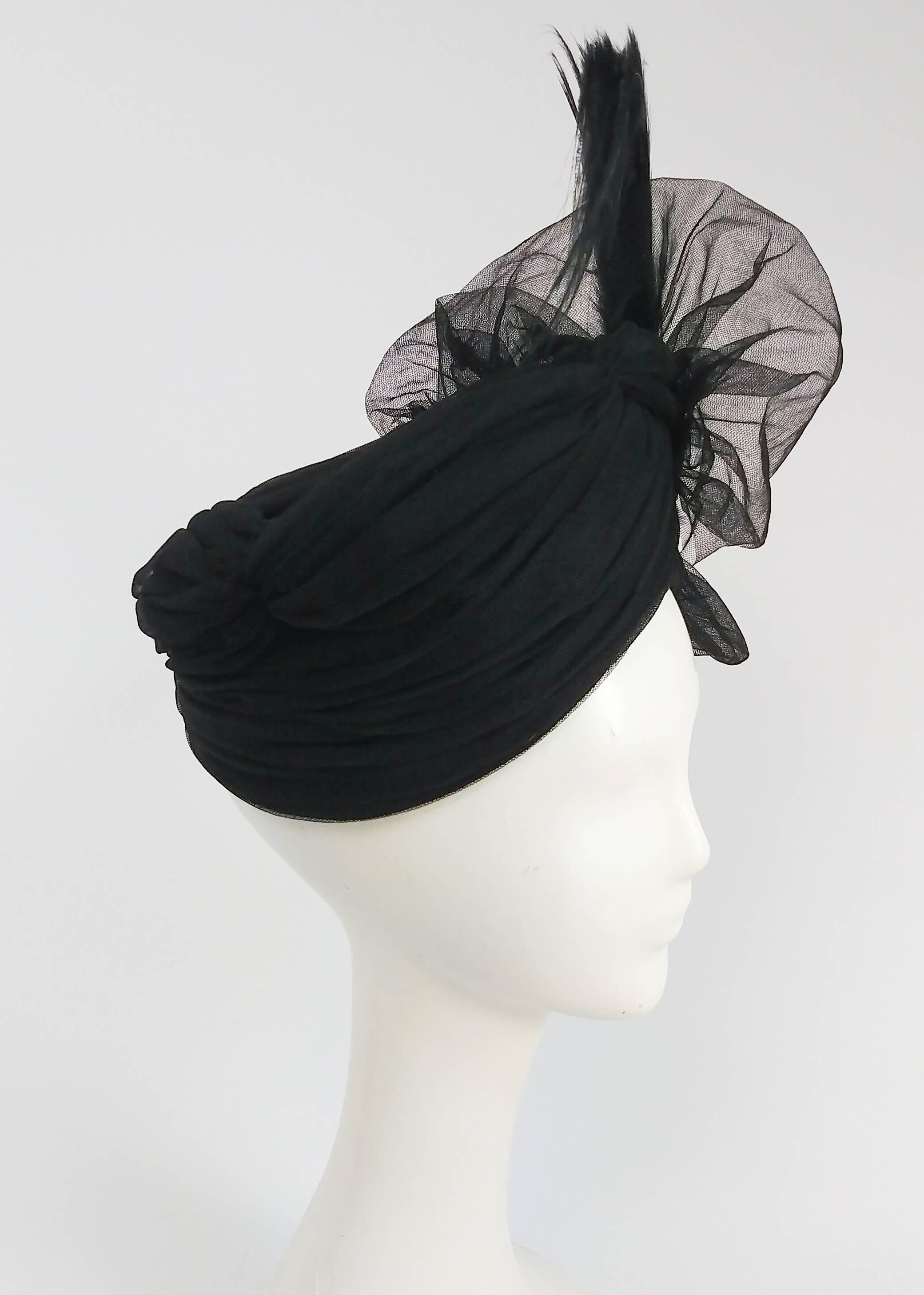 Black 1980s Tulle Turban w/ & Rhinestone Brooch