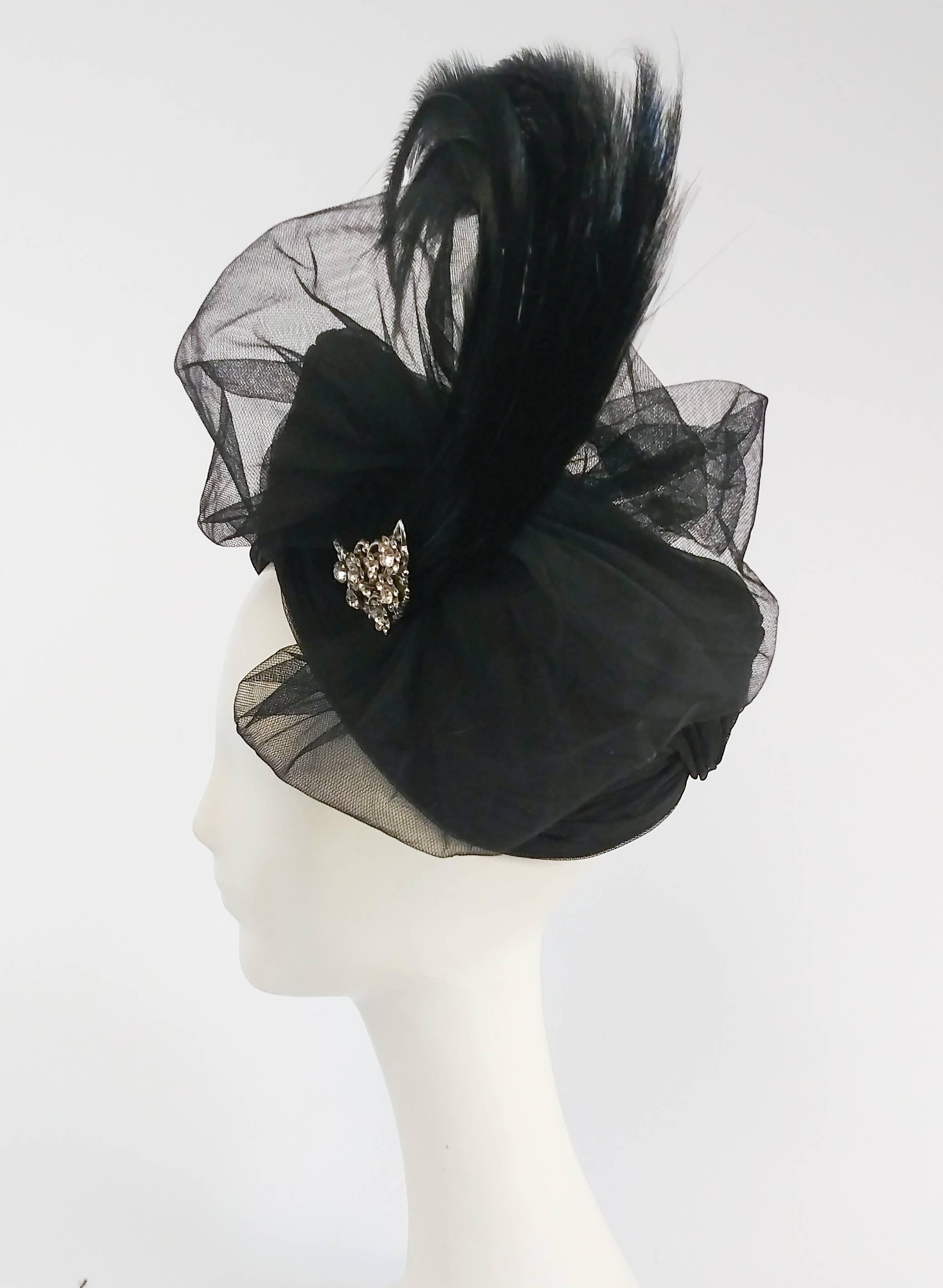 1980s Tulle Turban w/ & Rhinestone Brooch In Excellent Condition In San Francisco, CA