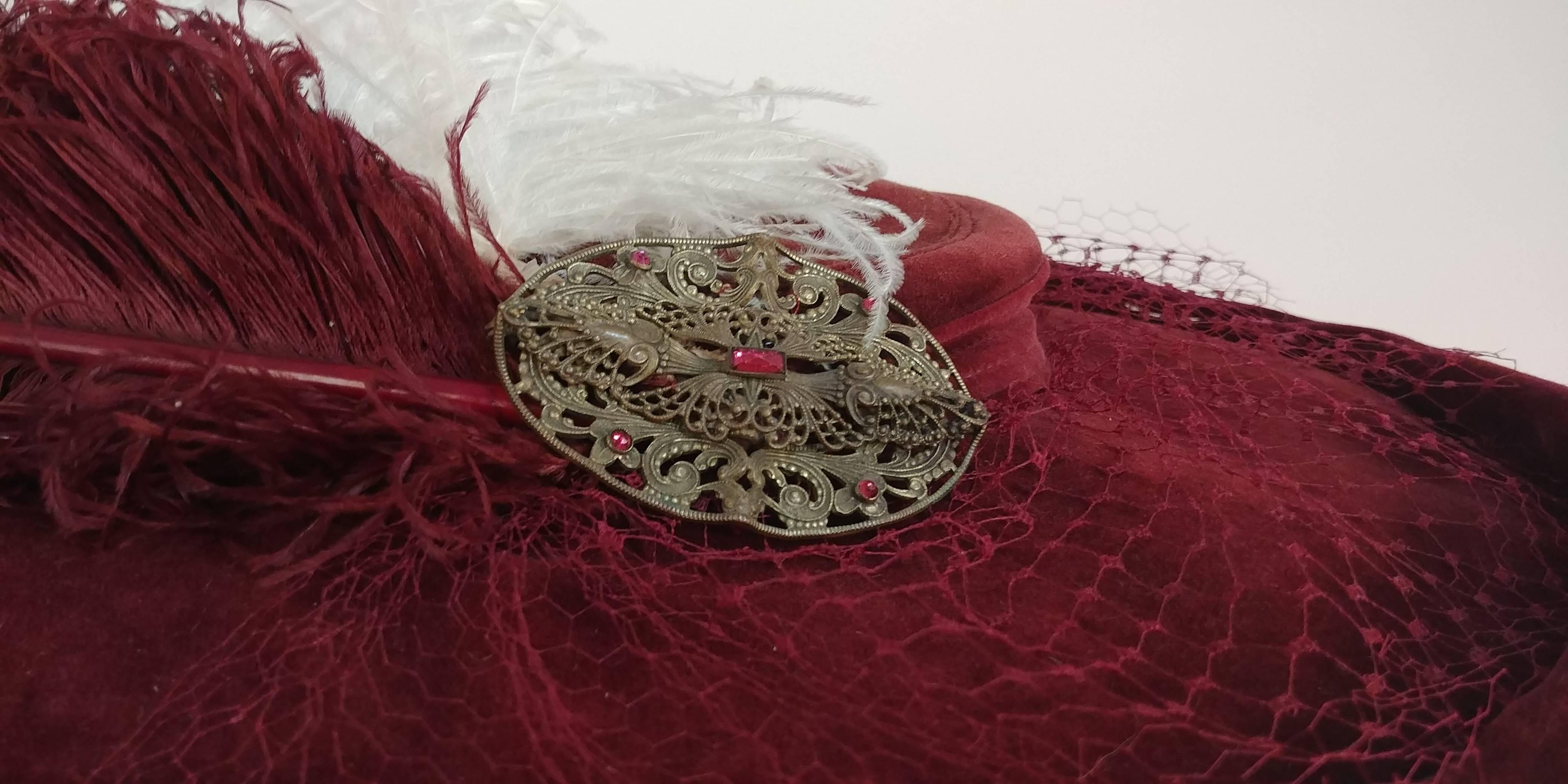 1940s Red Bordeaux Velvet Hat w/ Ostrich Feathers 1