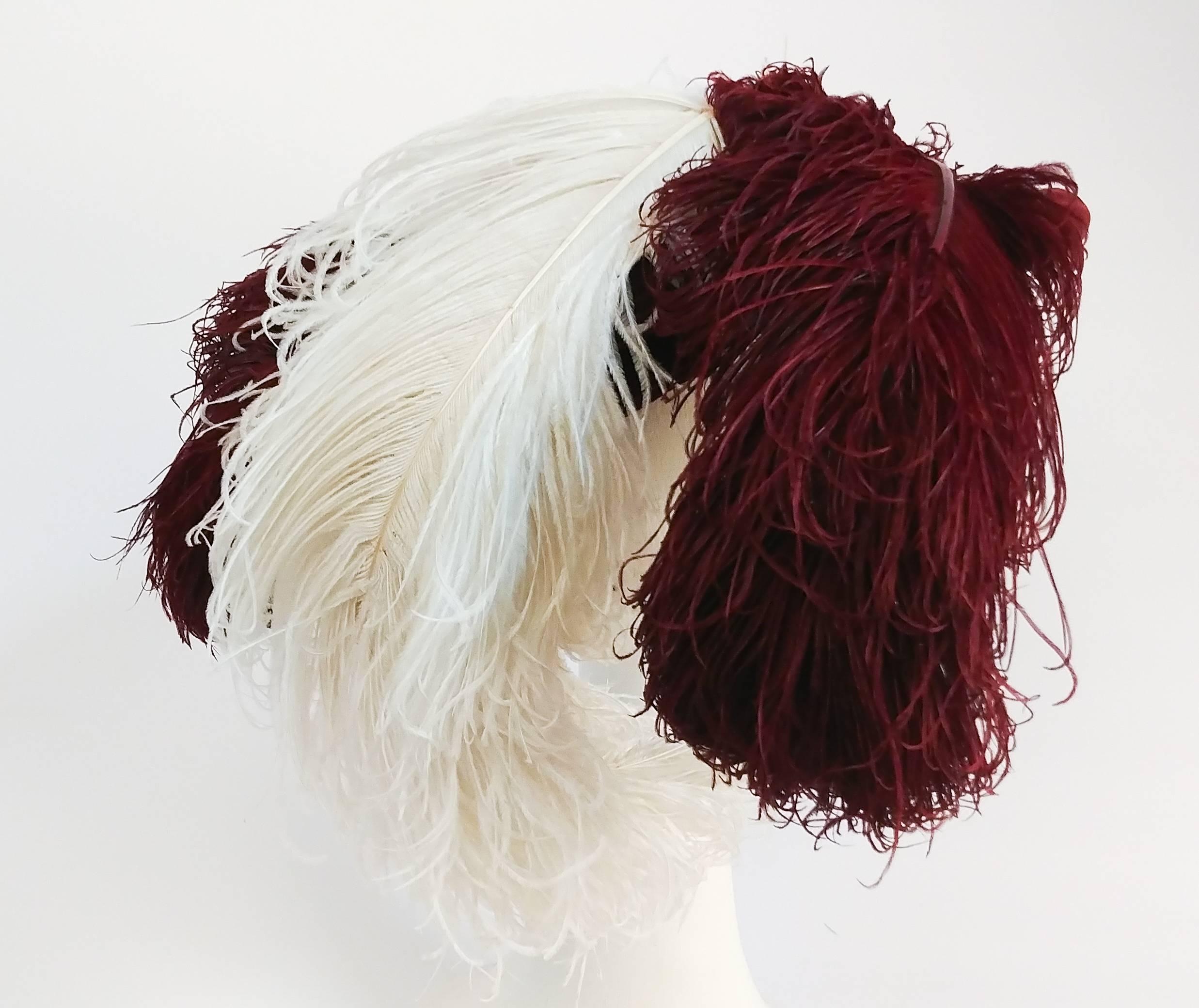 1940s Red Bordeaux Velvet Hat w/ Ostrich Feathers In Excellent Condition In San Francisco, CA