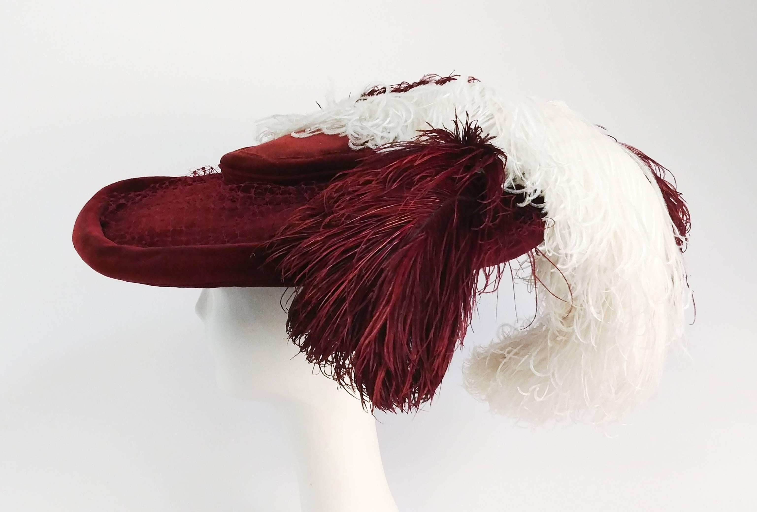 Black 1940s Red Bordeaux Velvet Hat w/ Ostrich Feathers