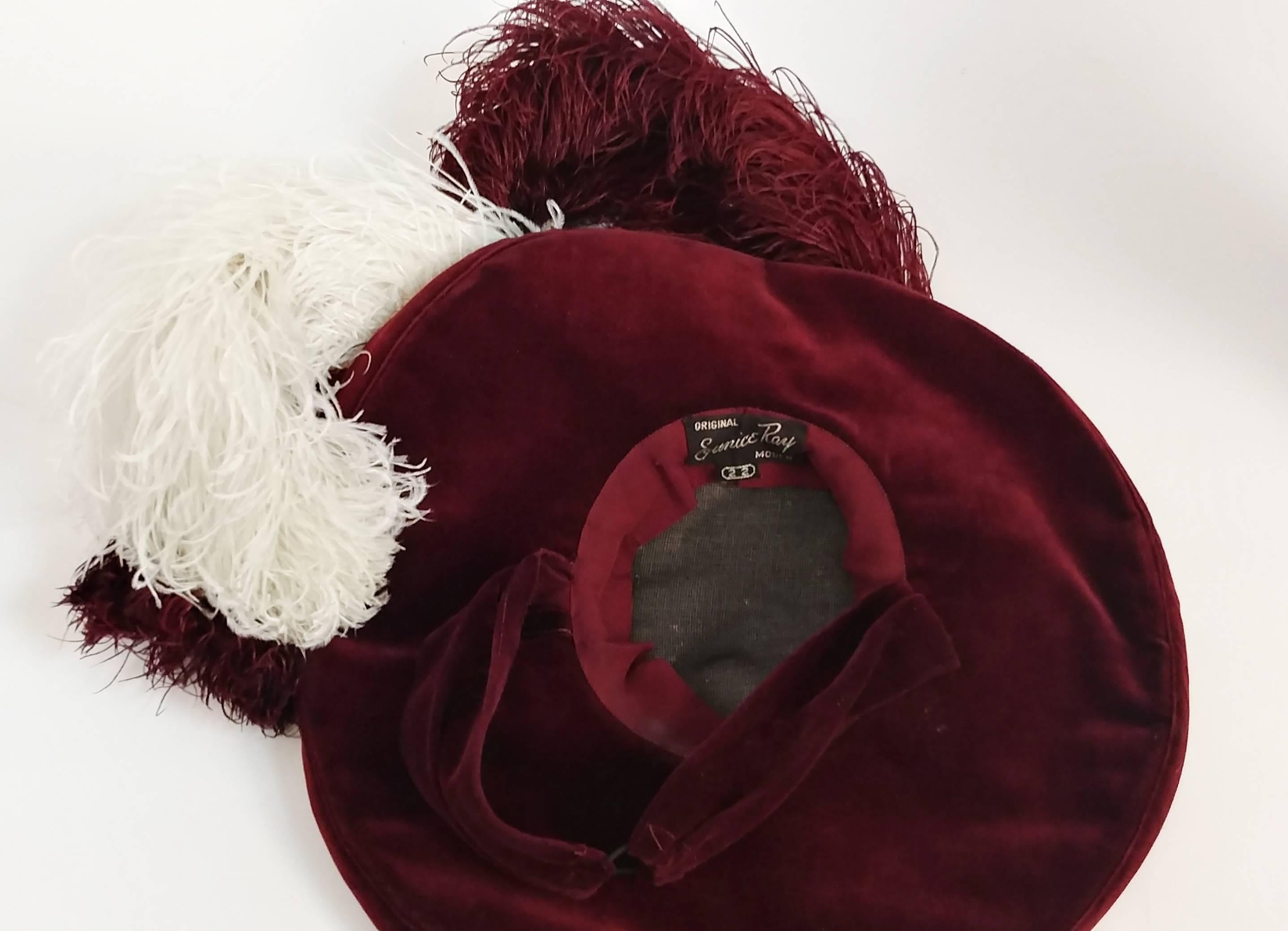1940s Red Bordeaux Velvet Hat w/ Ostrich Feathers 2