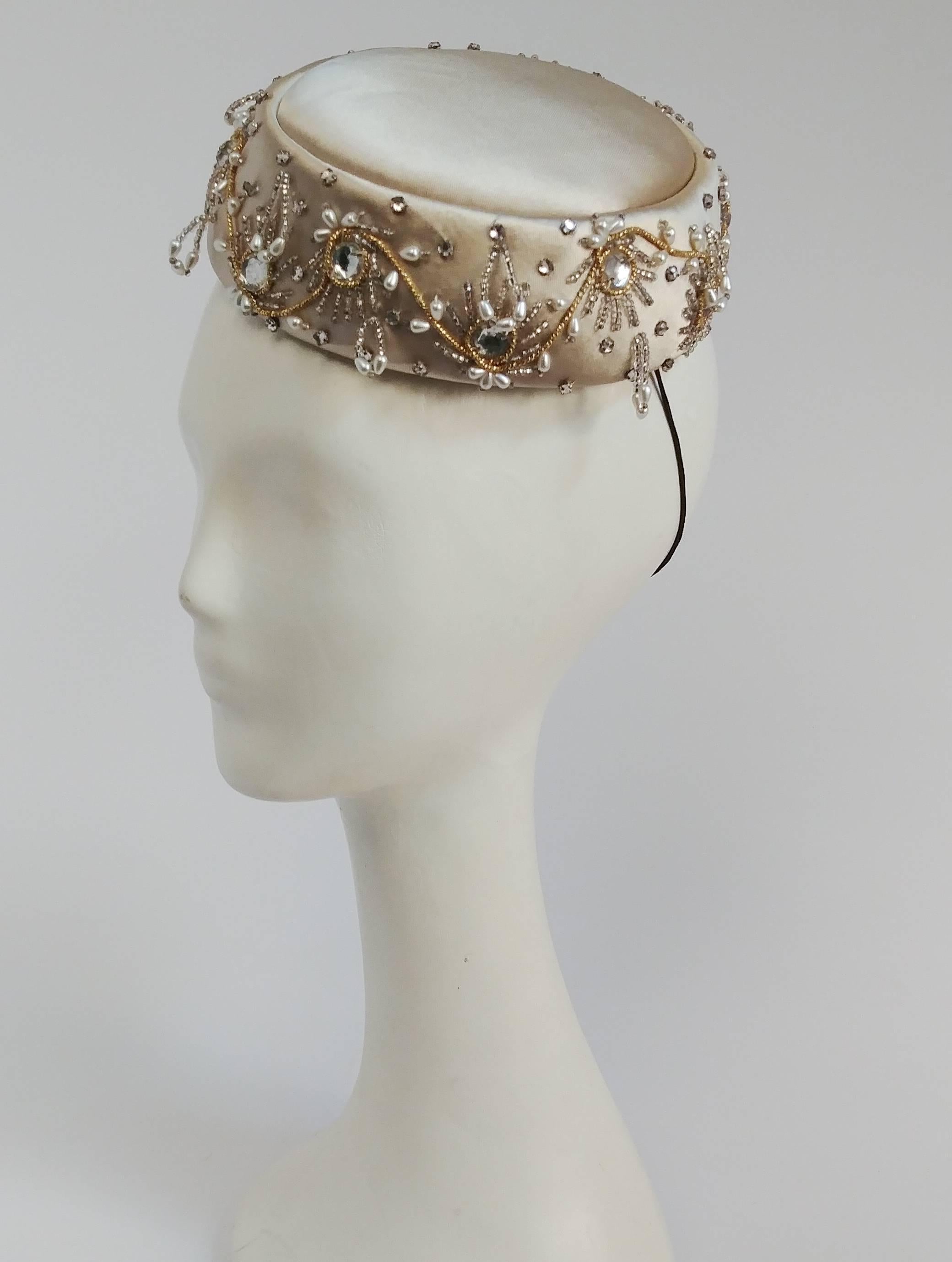 1960s Ivory Satin Beaded Cocktail Hat. 