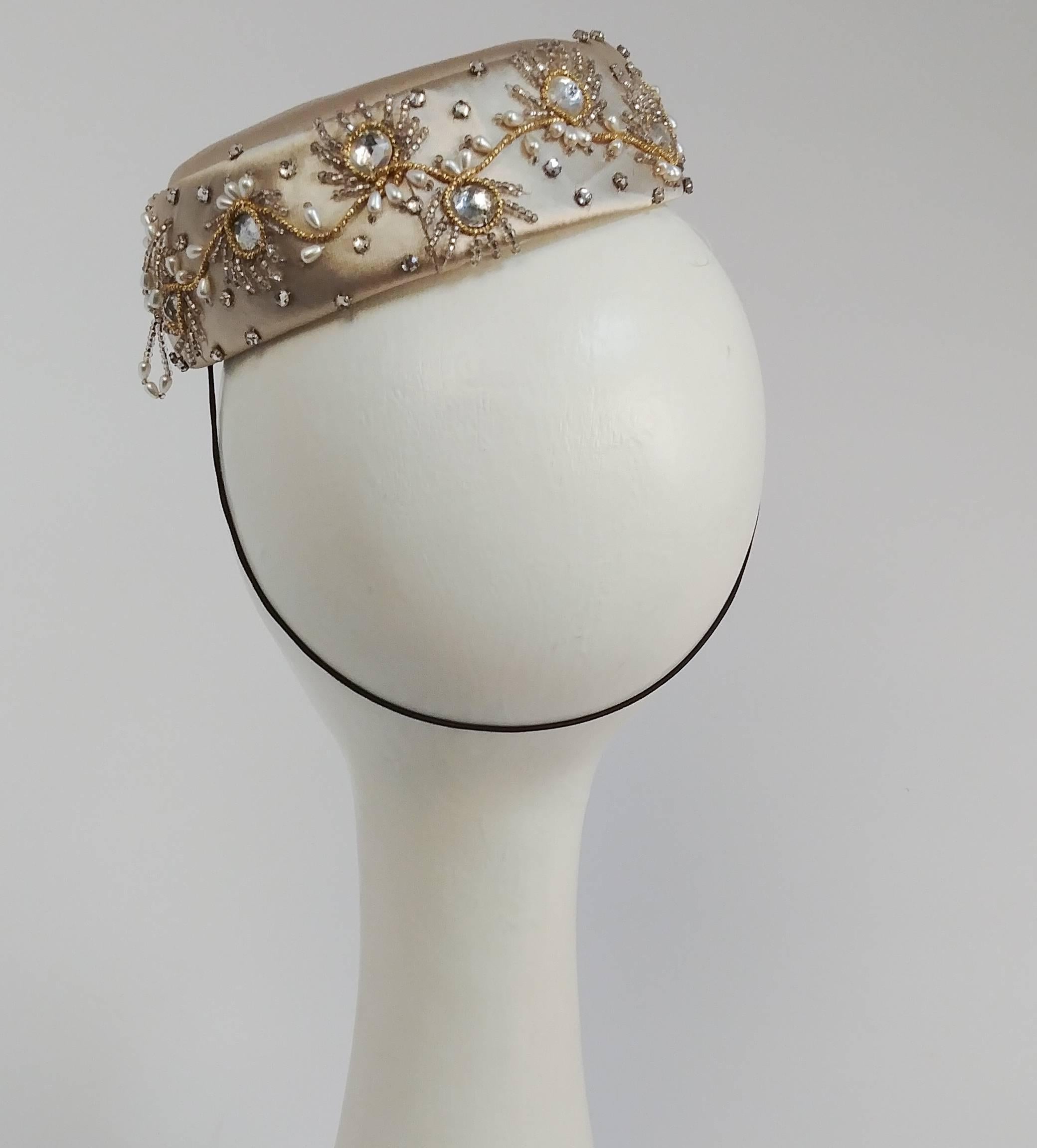 Gray 1960s Ivory Satin Beaded Cocktail Hat