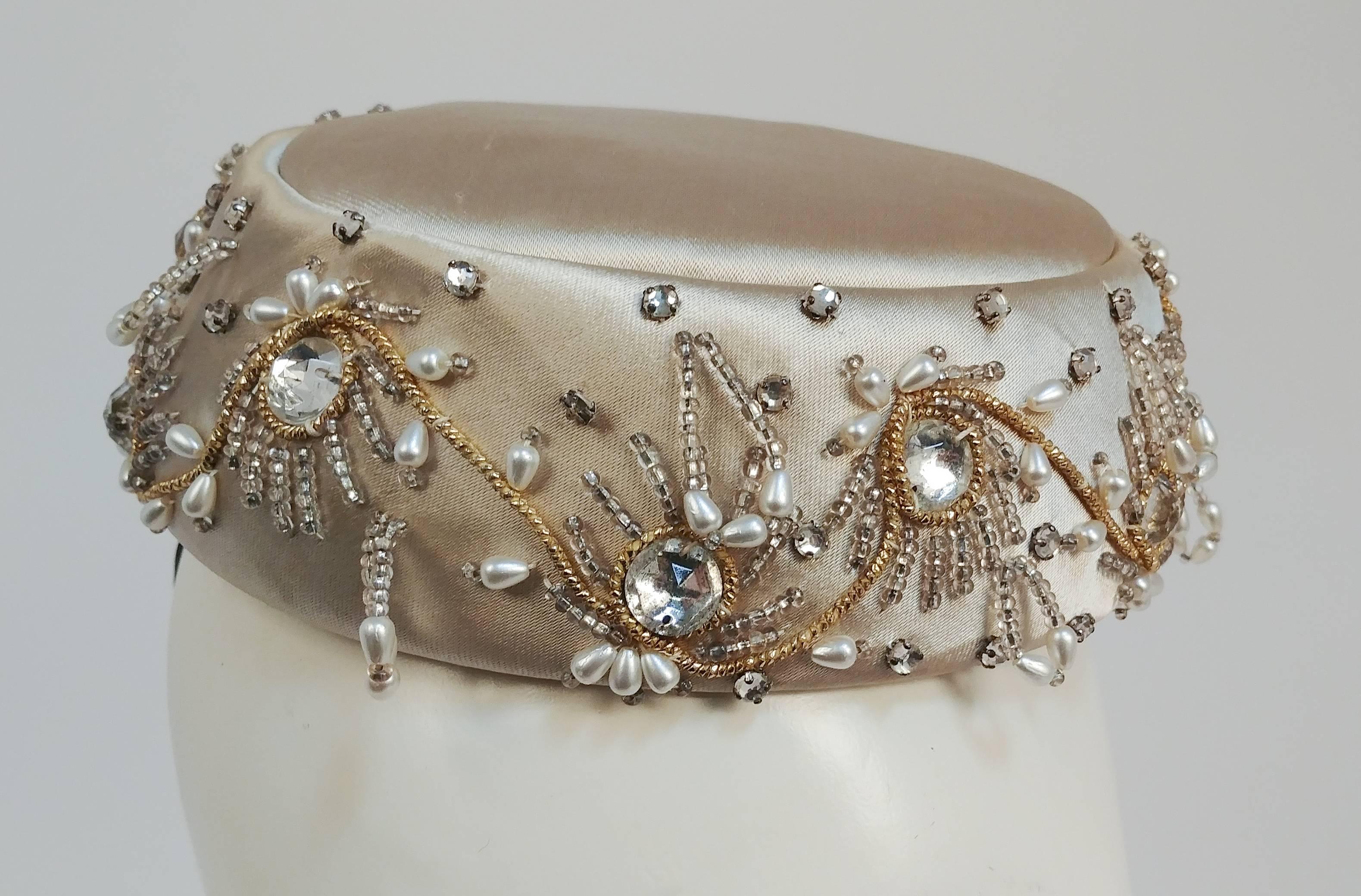 1960s Ivory Satin Beaded Cocktail Hat In Excellent Condition In San Francisco, CA