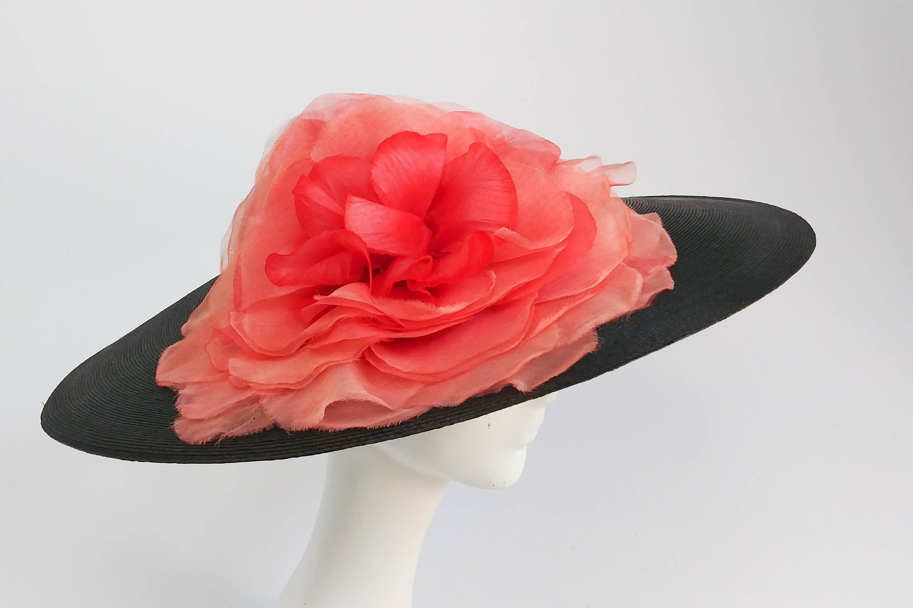 1950s Wide Brim Hat w/ Large Flower. Classic 1950s New Look shape hat with large silk flower and velvet band. 