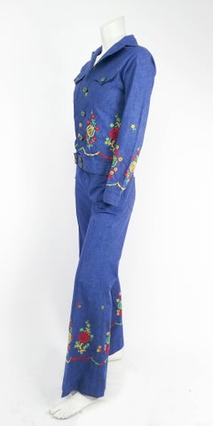 1970s Denim Two Piece Embroidered Bellbottom & Jacket Set
