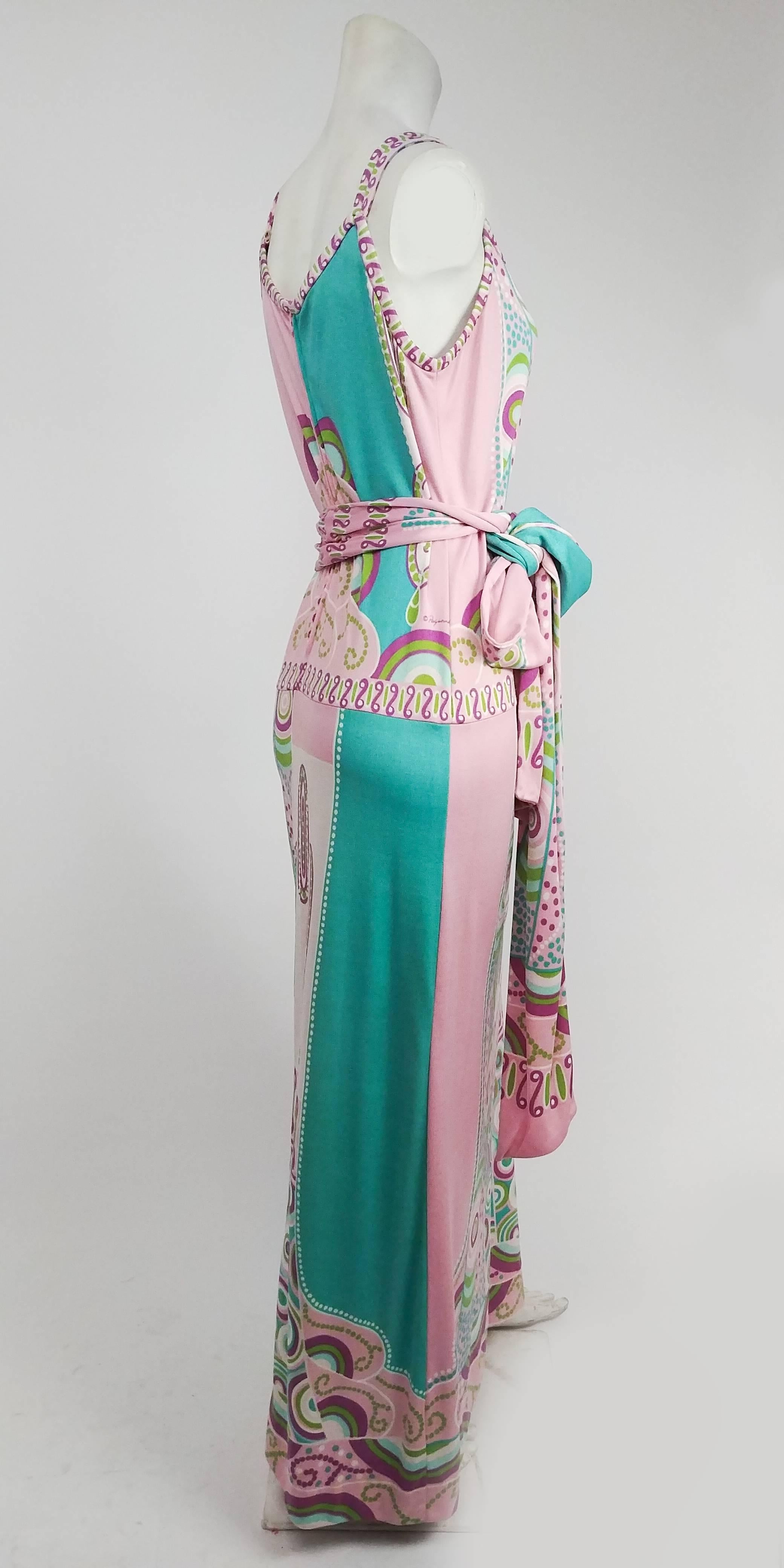 1970s Paganne Pink & Green Printed Jersey Maxi Dress. Zips up back, matching sash included. 