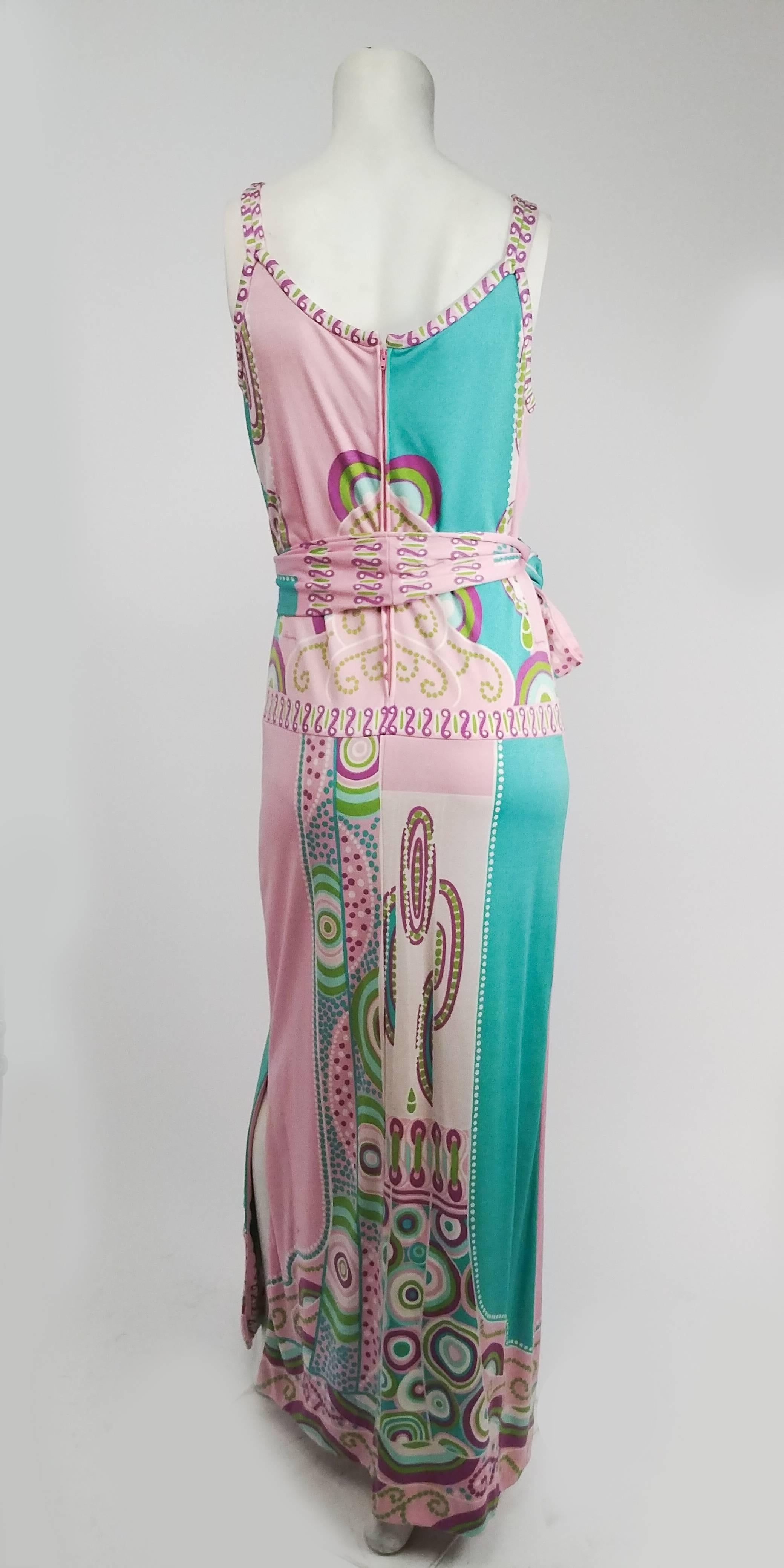 Gray 1970s Paganne Pink & Green Printed Jersey Sleevess Maxi Dress 