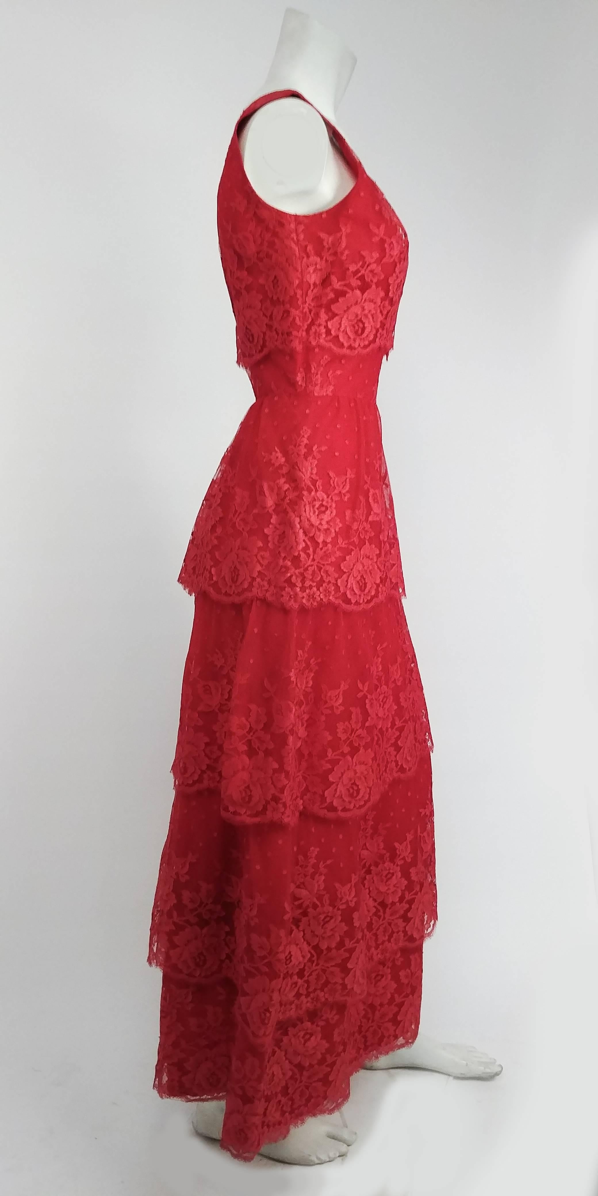 1950s Red Lace Tiered Gown. Made in France. Zips up back. 