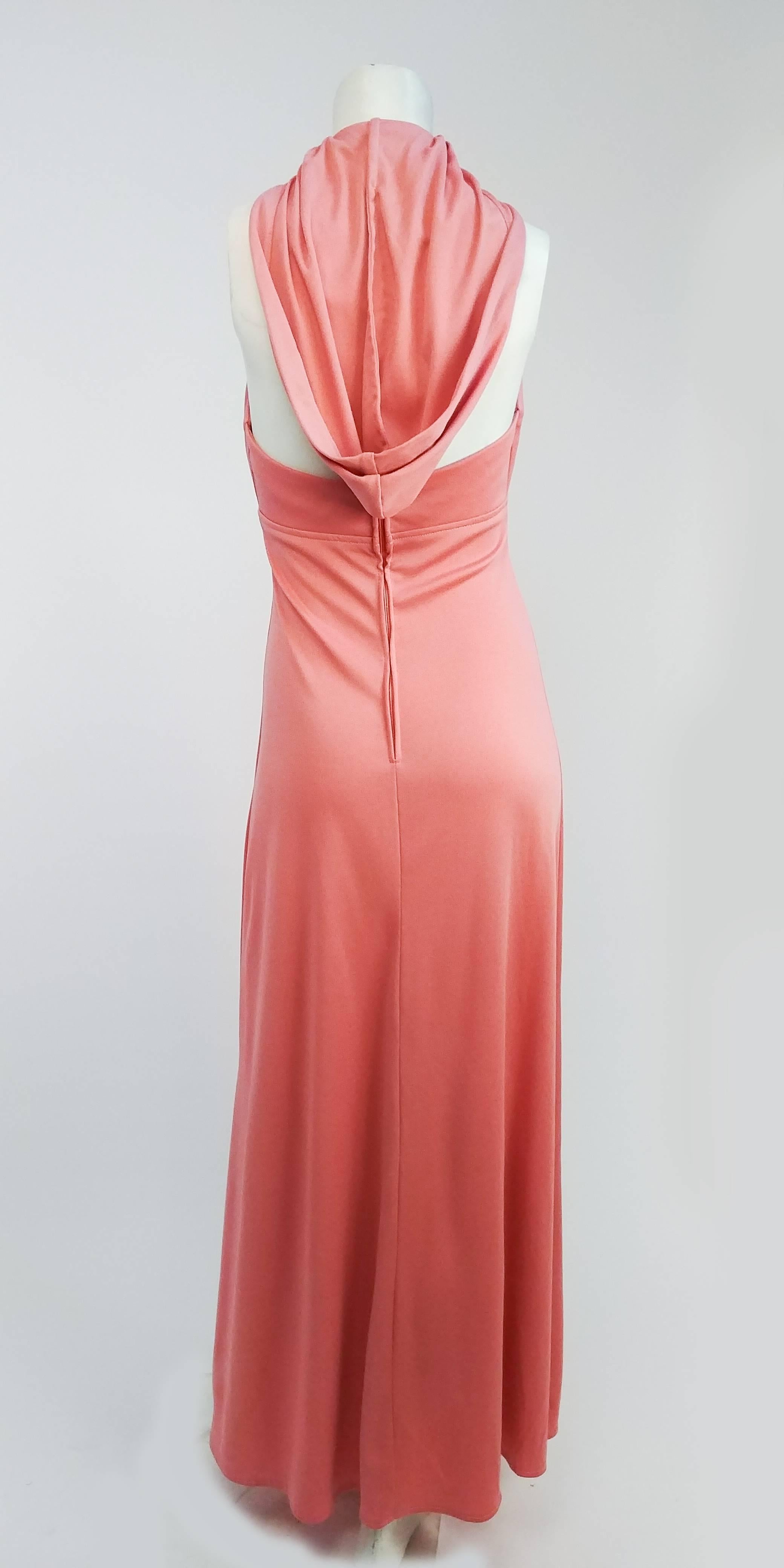 1970s Pink Hooded Halter Jersey Maxi Dress In Good Condition In San Francisco, CA