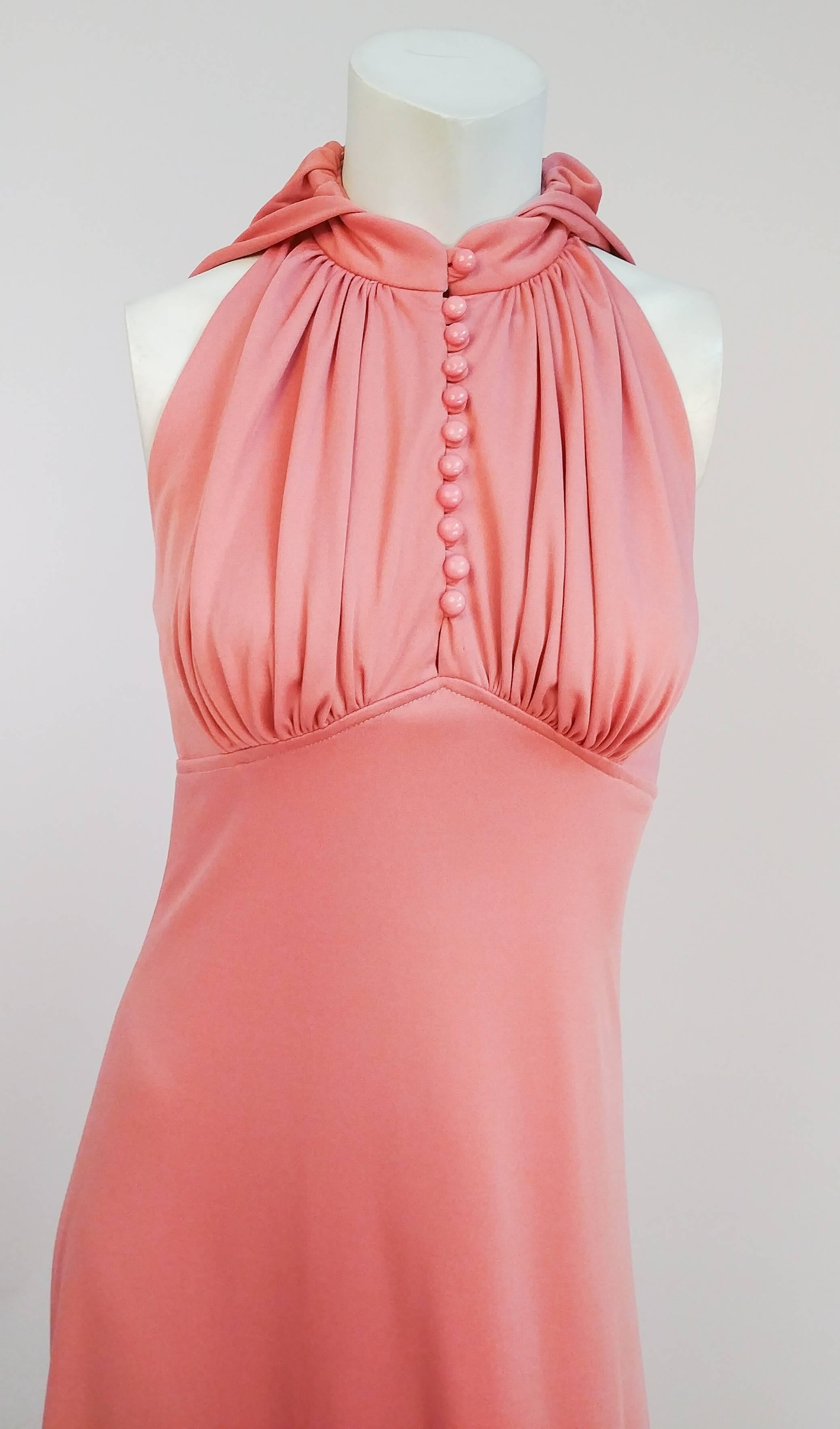 Women's 1970s Pink Hooded Halter Jersey Maxi Dress