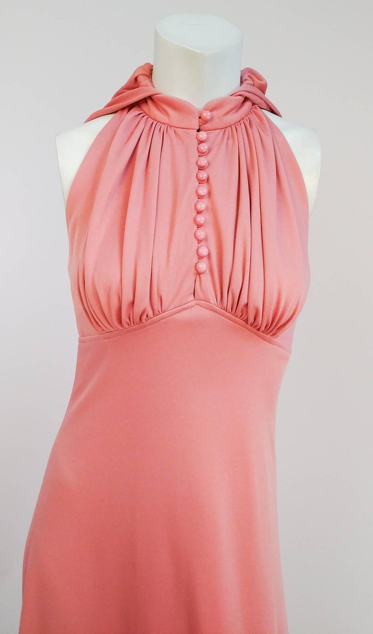 1970s Pink Hooded Halter Jersey Maxi Dress 1