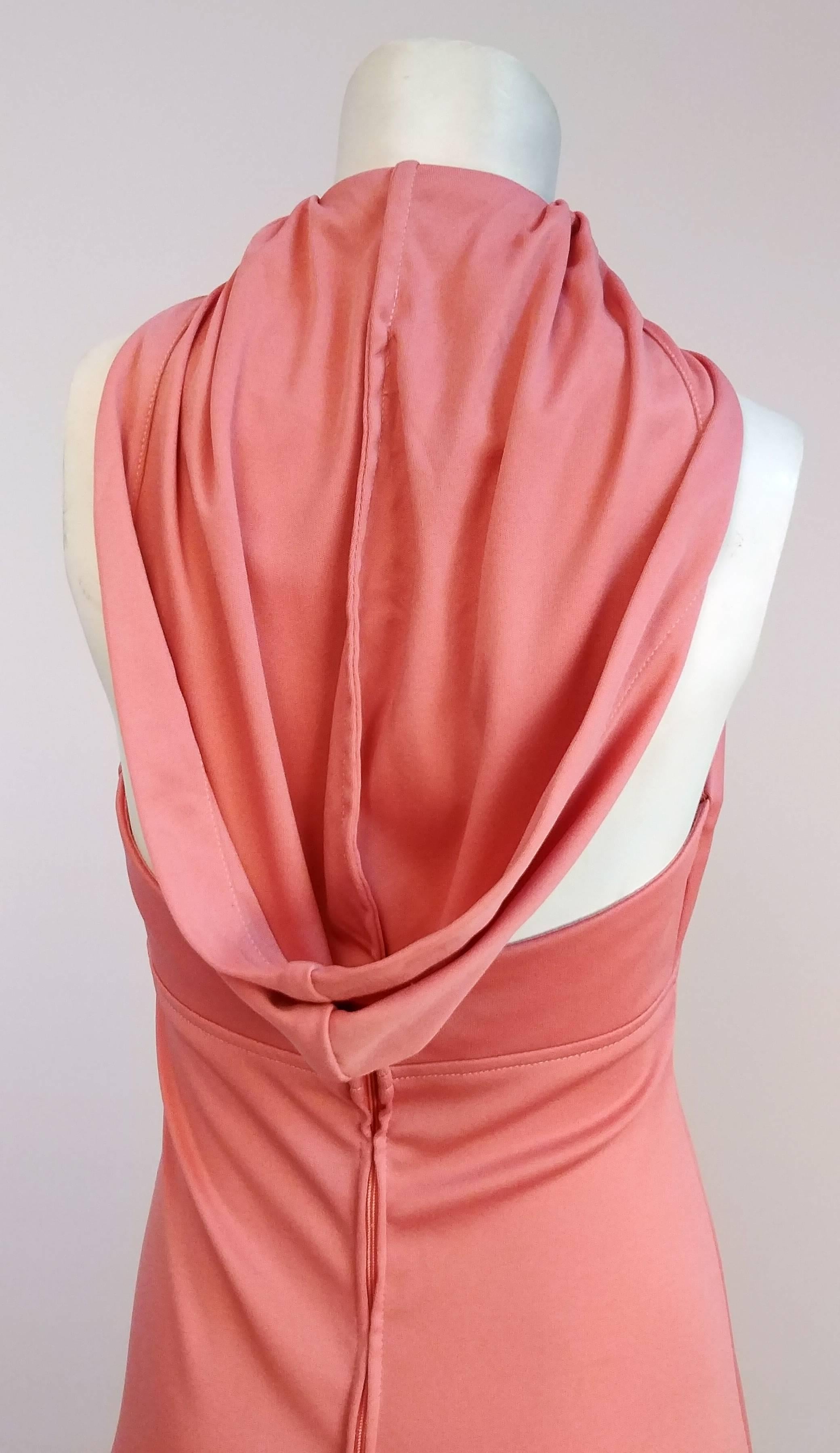 1970s Pink Hooded Halter Jersey Maxi Dress 1