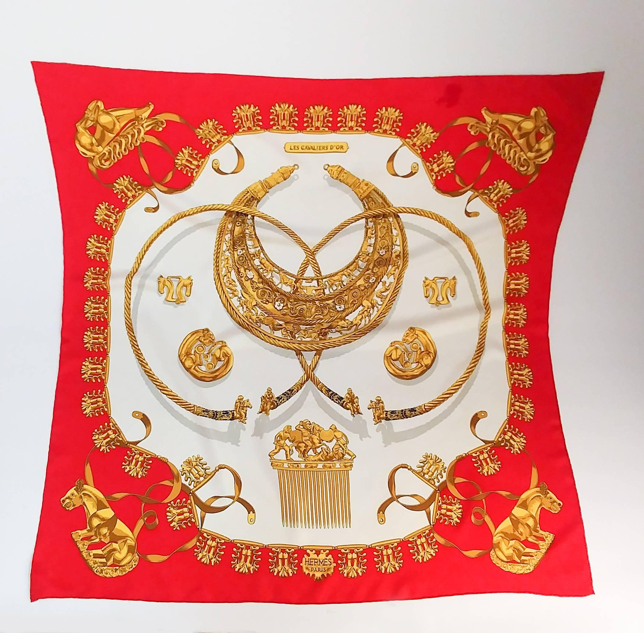 Hermes Red Les Cavaliers D'Or Scarf. Beautiful baroque print. Silk, hand rolled. 
