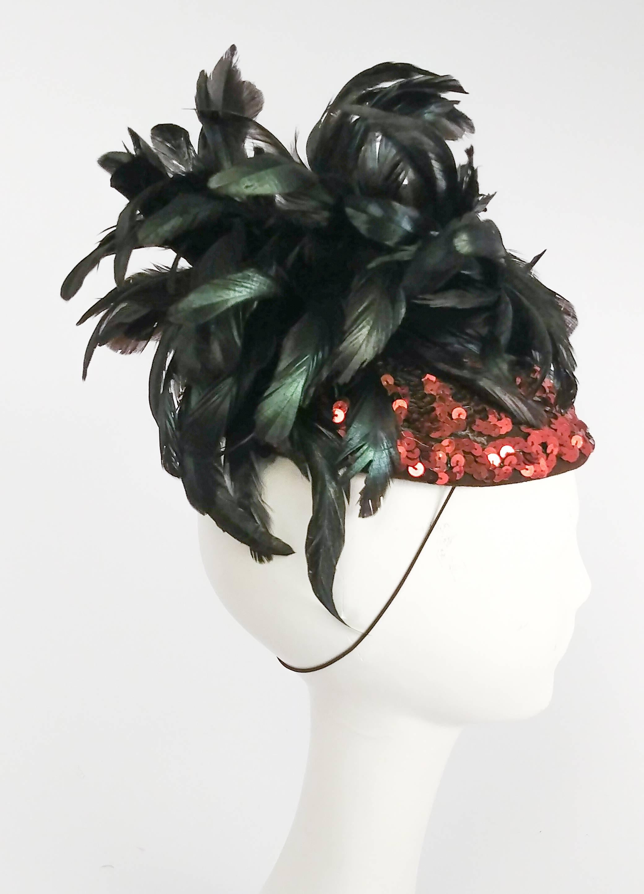 Black 1980s Brown Sequin Cocktail Hat with Raven Feathers