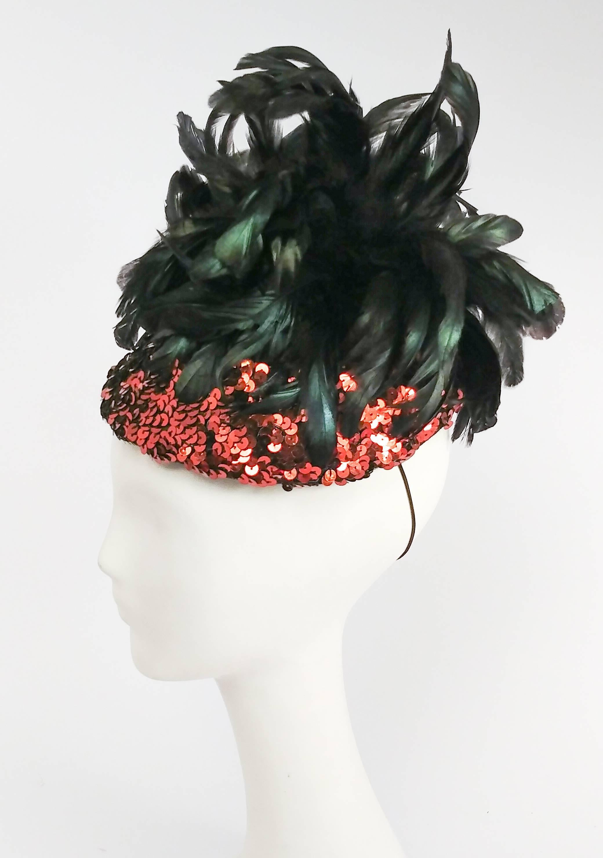 1980s Brown Sequin Cocktail Hat with Raven Feathers. Brown felt base. Elasticated back band.