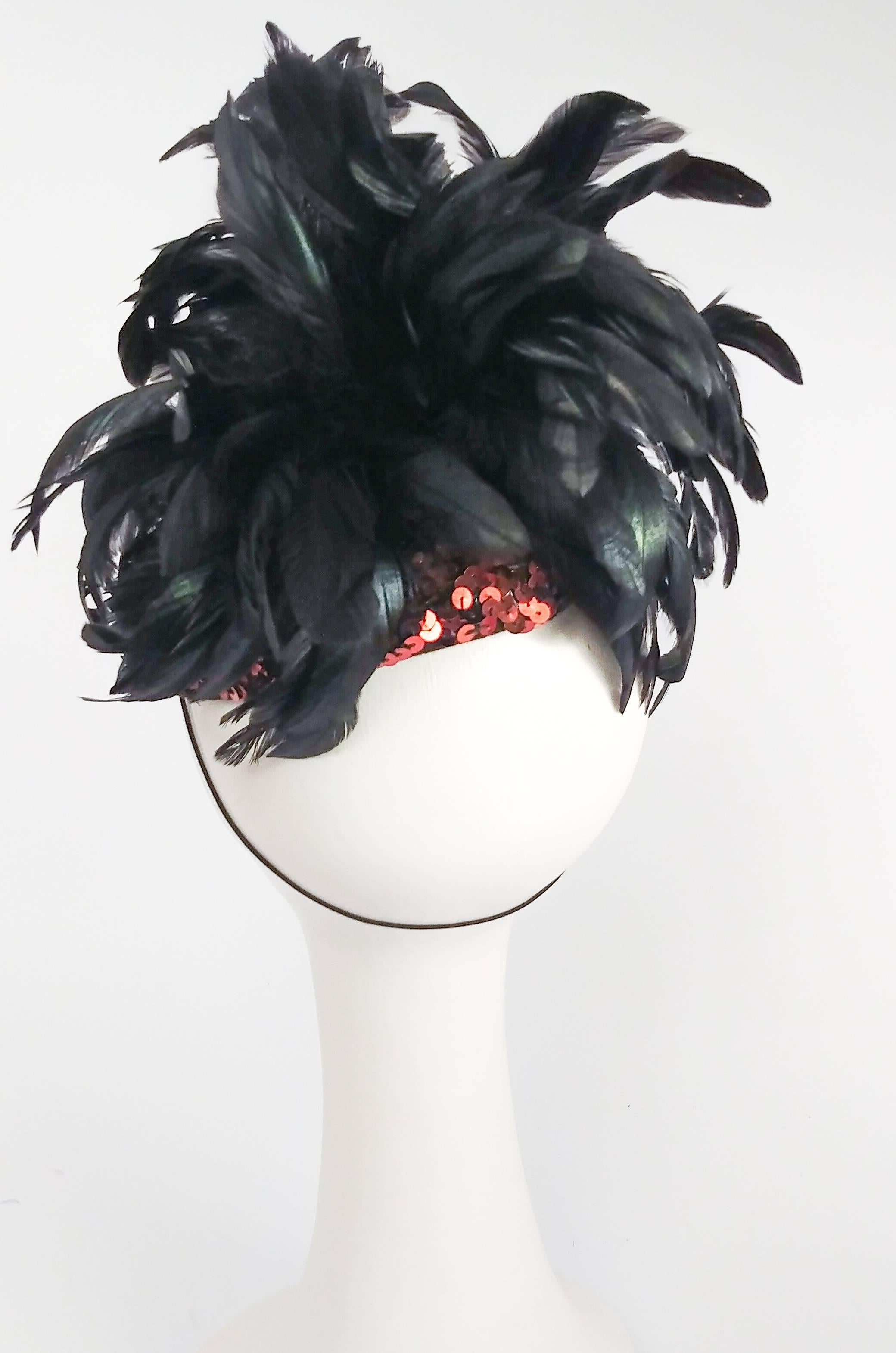 1980s Brown Sequin Cocktail Hat with Raven Feathers In Excellent Condition In San Francisco, CA
