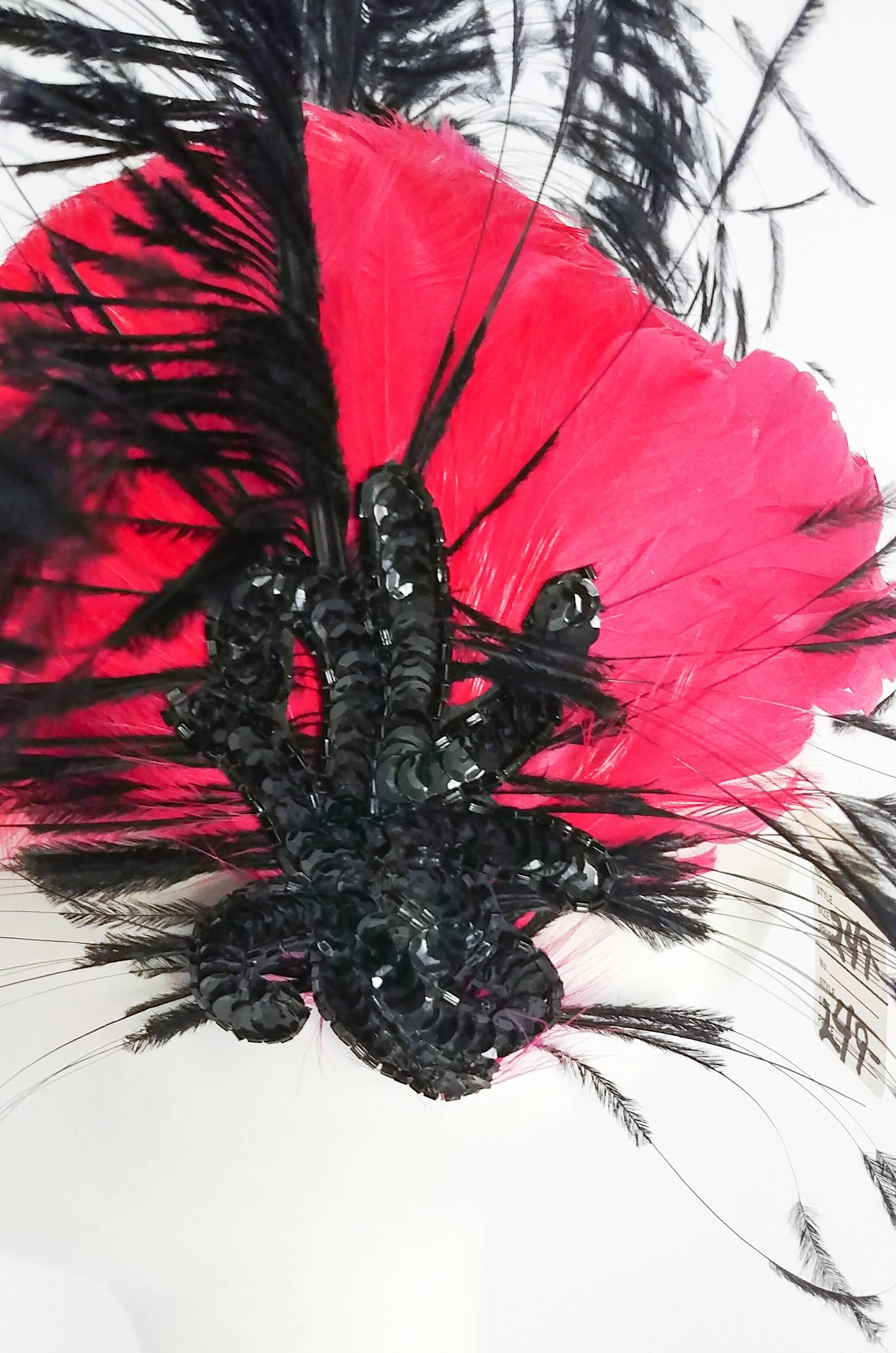 Gray 1960s Bright Pink & Black Showstopping Feather Hat 