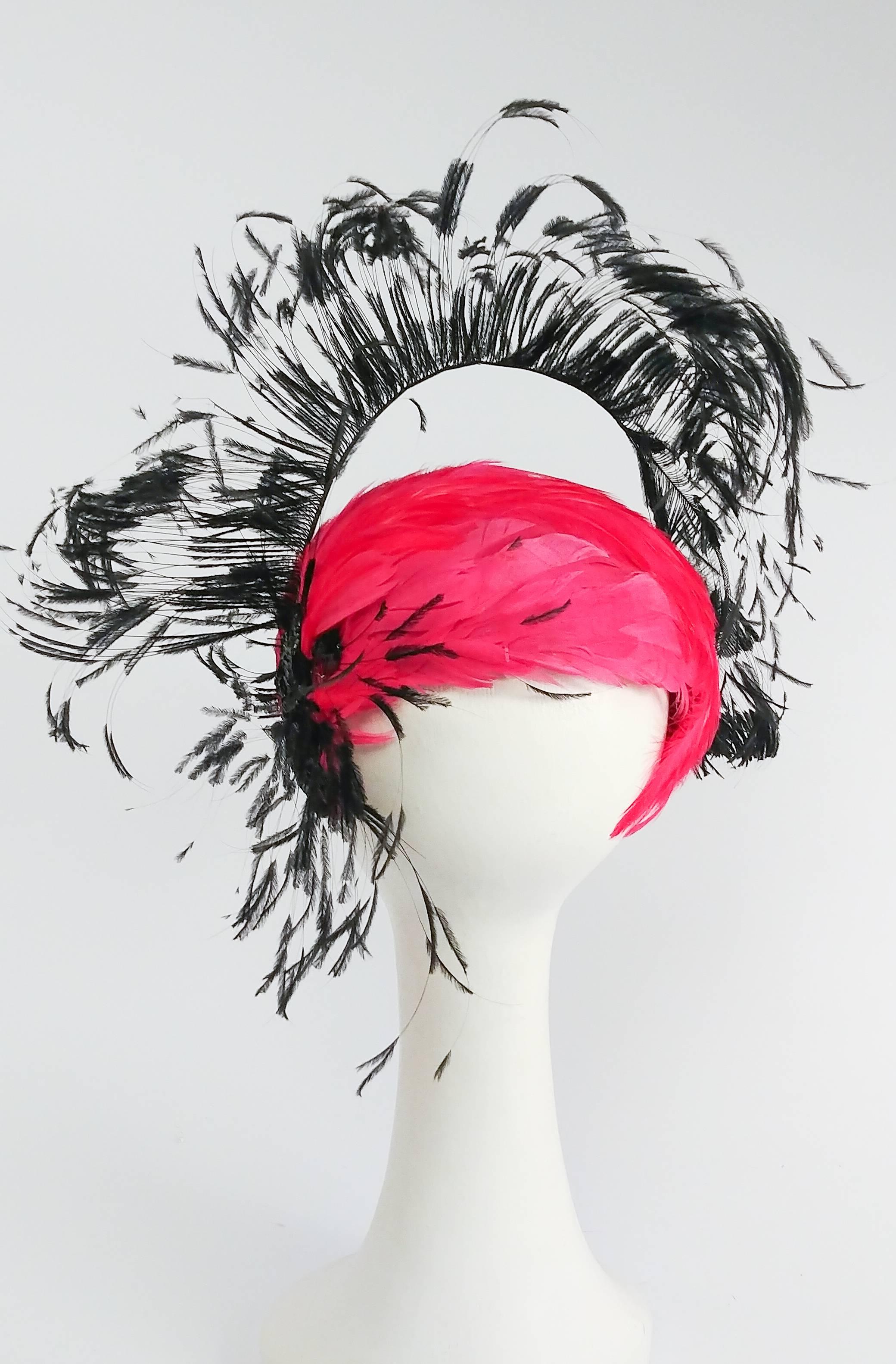 1960s Bright Pink & Black Showstopping Feather Hat  In Excellent Condition In San Francisco, CA