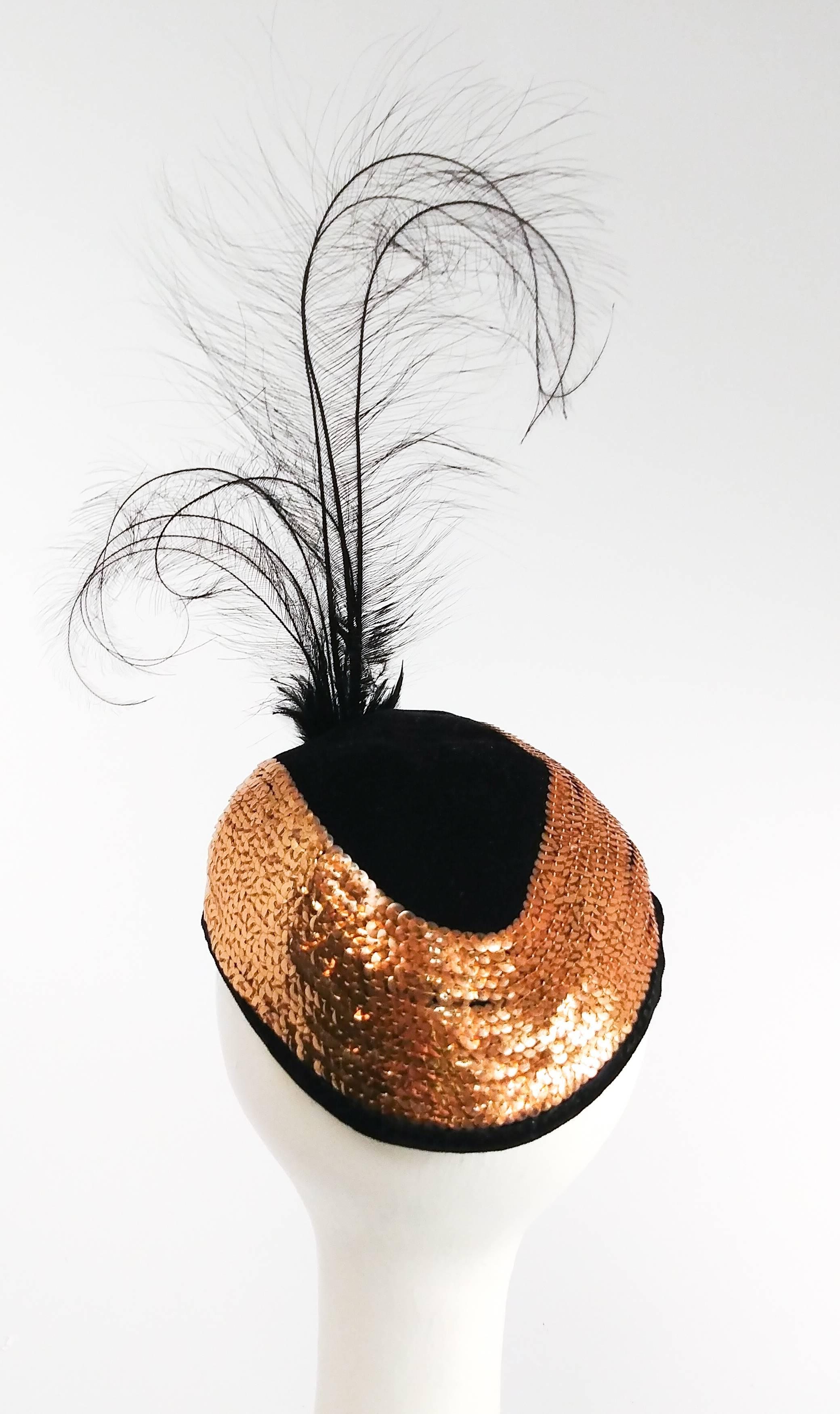 1930s Gold Sequin Cocktail Hat with Feather. Bouquet brooch detail. 