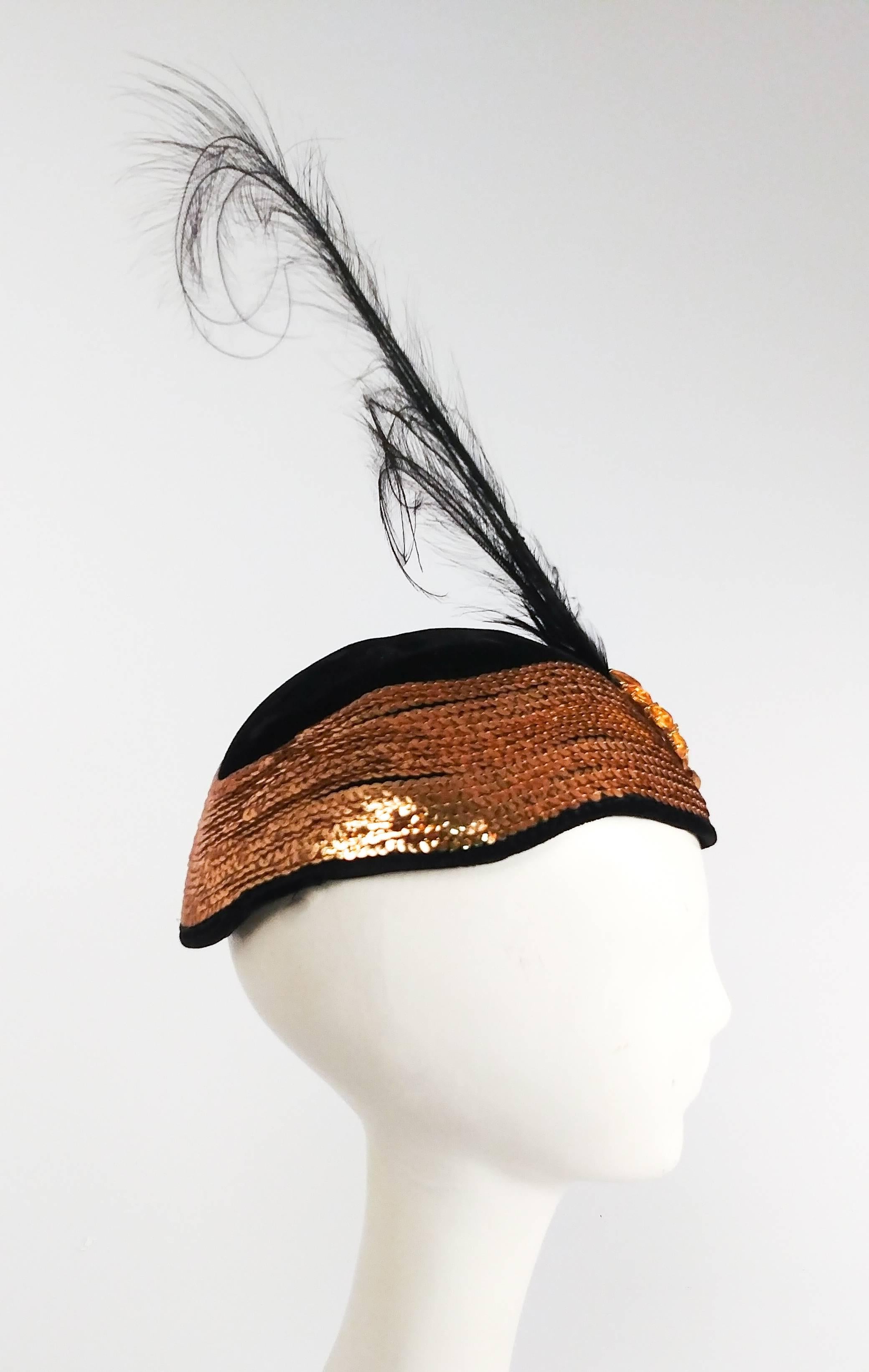 Beige 1930s Gold Sequin Black Cocktail Hat with Feather