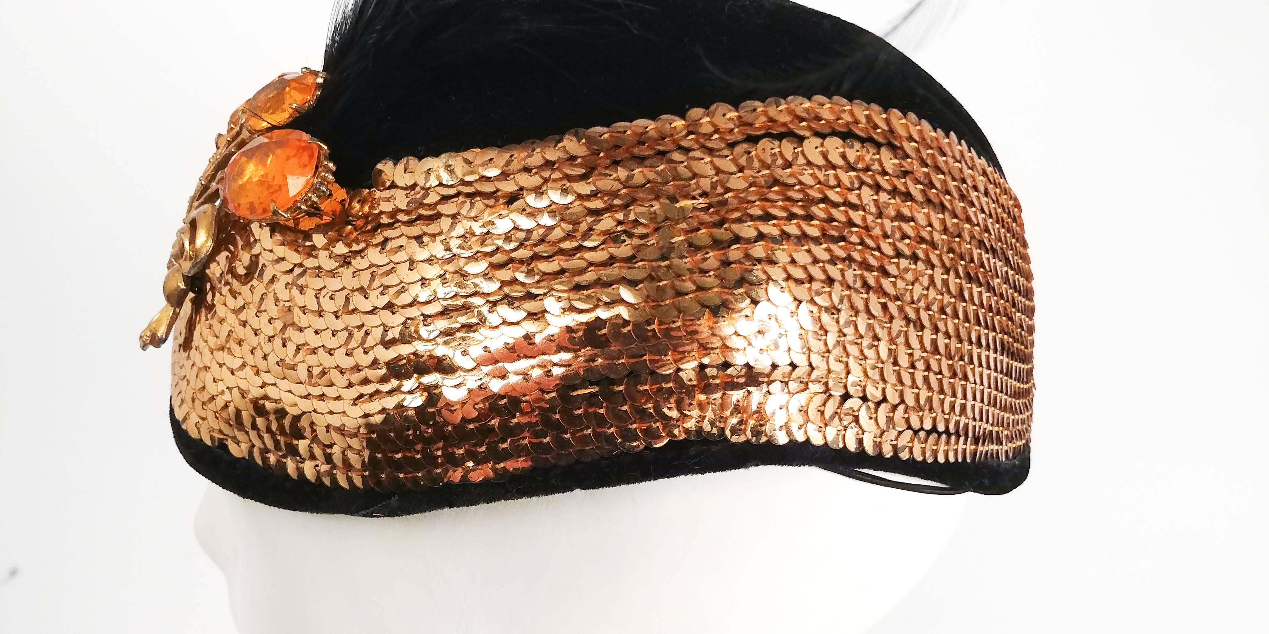 Women's 1930s Gold Sequin Black Cocktail Hat with Feather