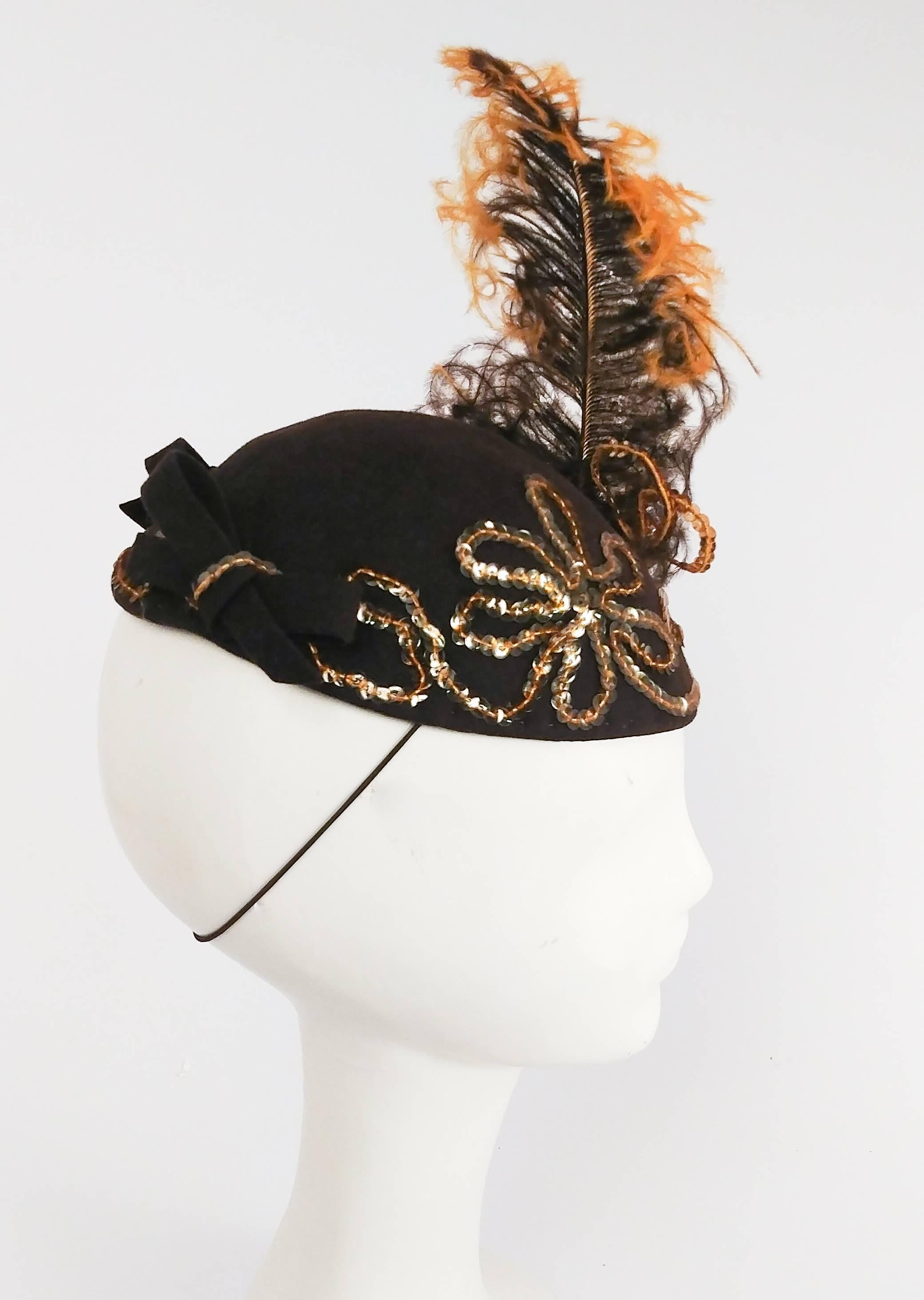 Beige 1930s Gold Sequin Brown Hat with Ombre Feather