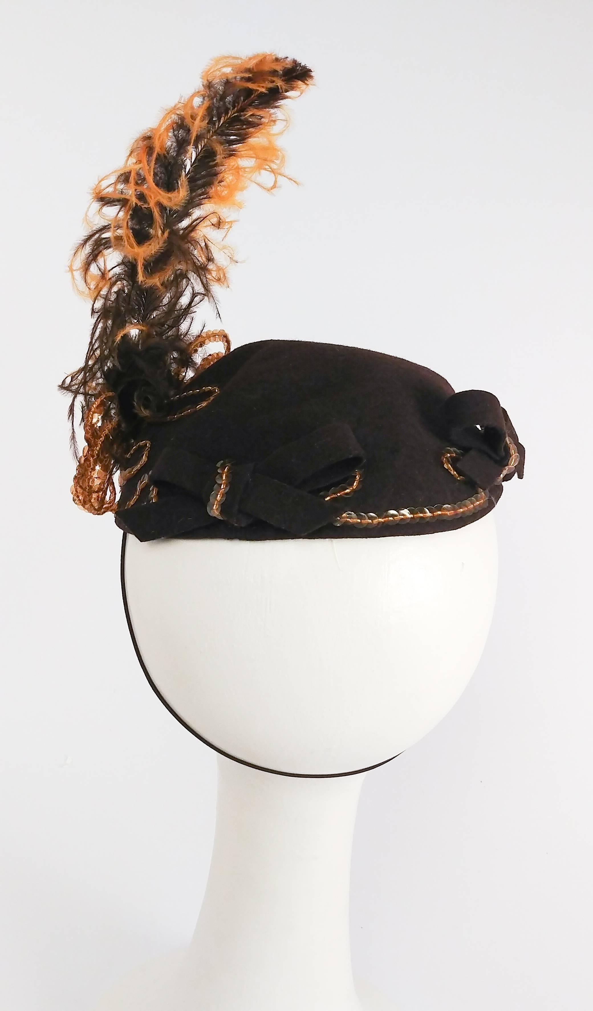 1930s Gold Sequin Brown Hat with Ombre Feather In Good Condition In San Francisco, CA