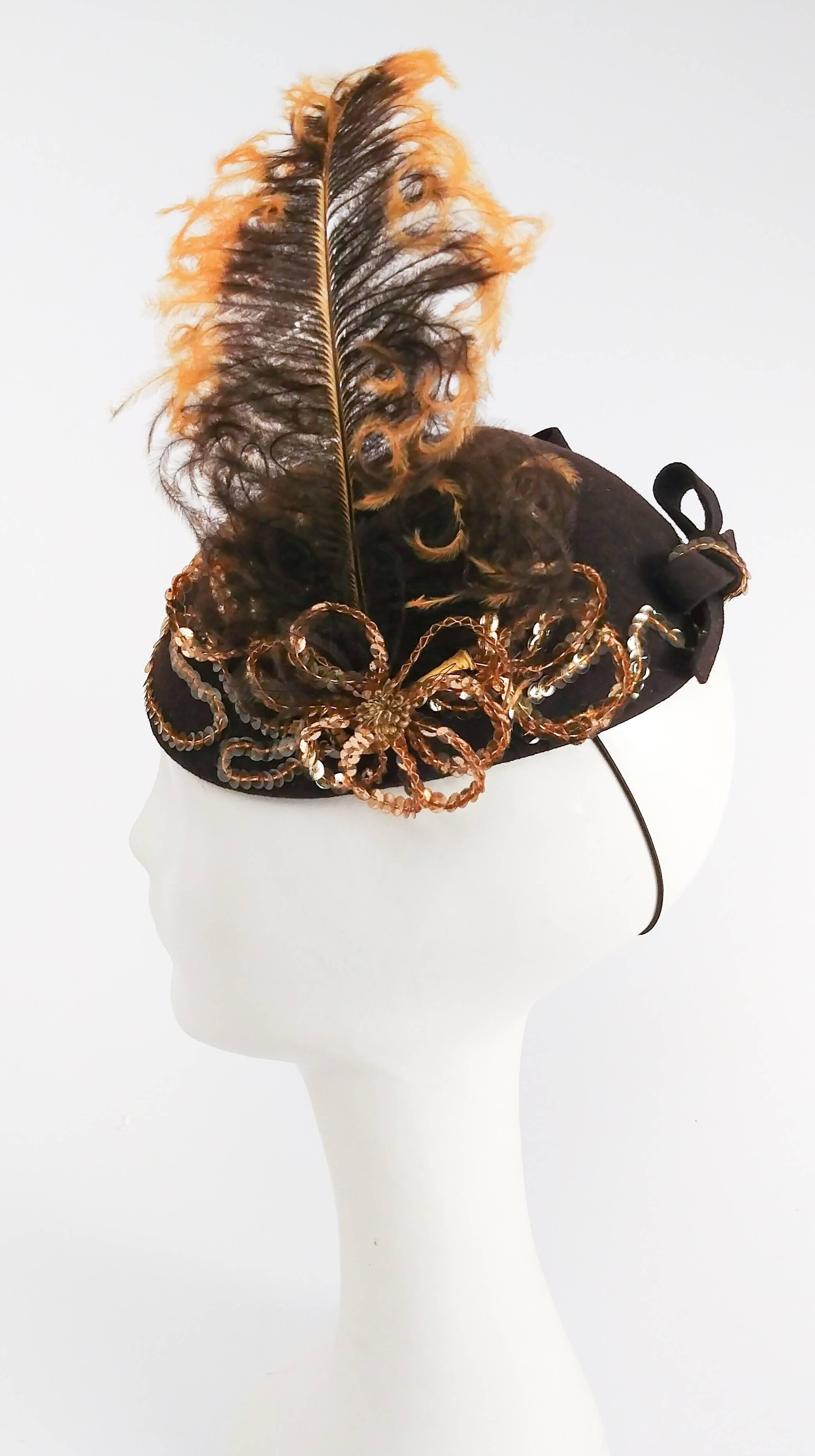 Women's 1930s Gold Sequin Brown Hat with Ombre Feather
