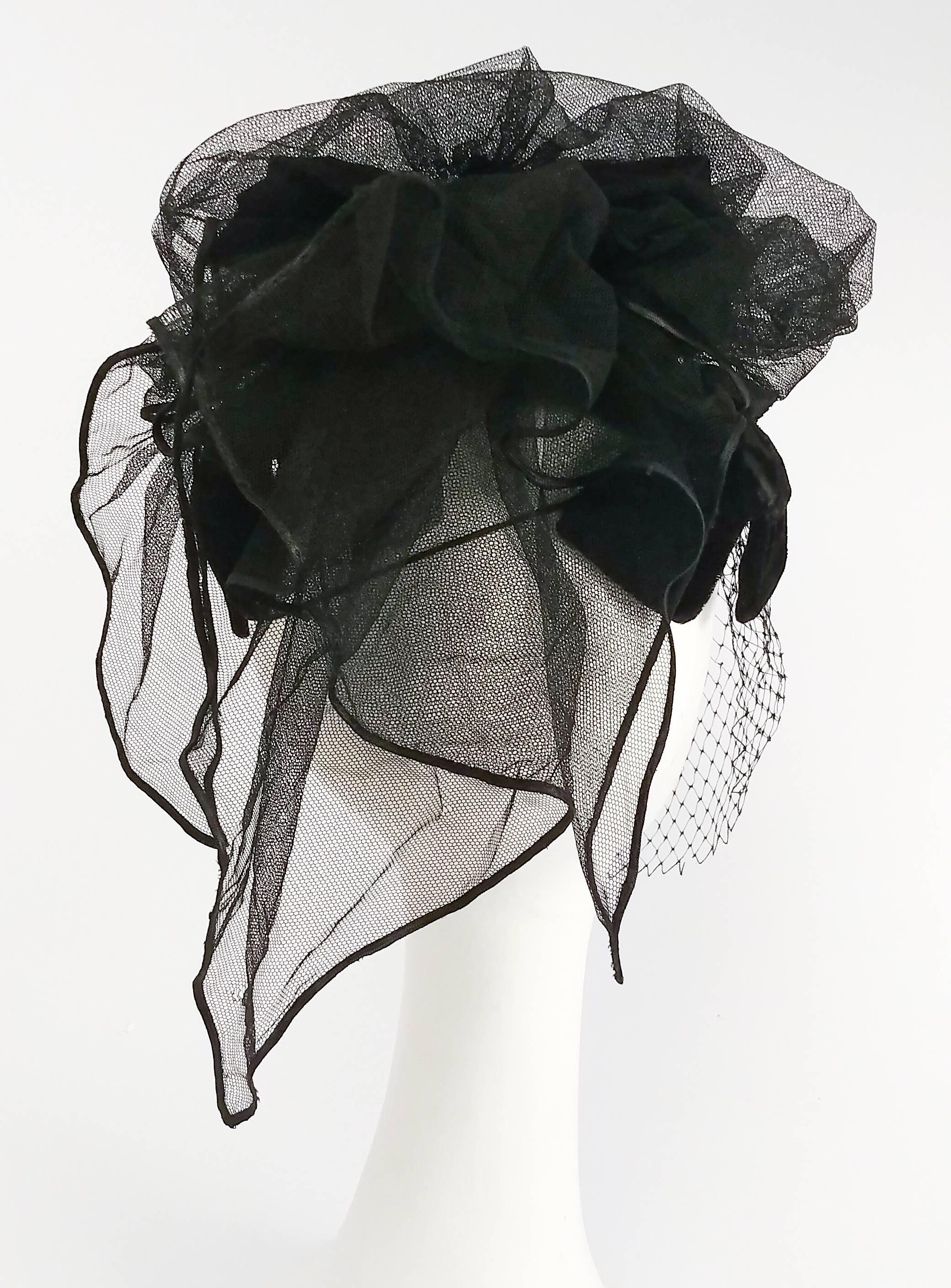 1940s Black Veiled Edwardian Style Velvet Cocktail Hat 3