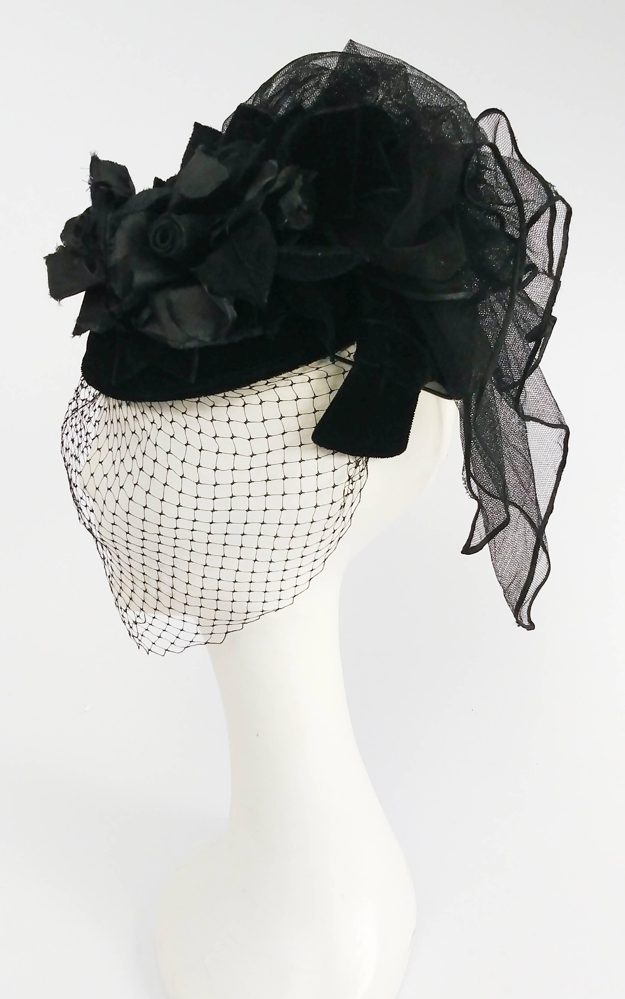 Women's 1940s Black Veiled Edwardian Style Velvet Cocktail Hat