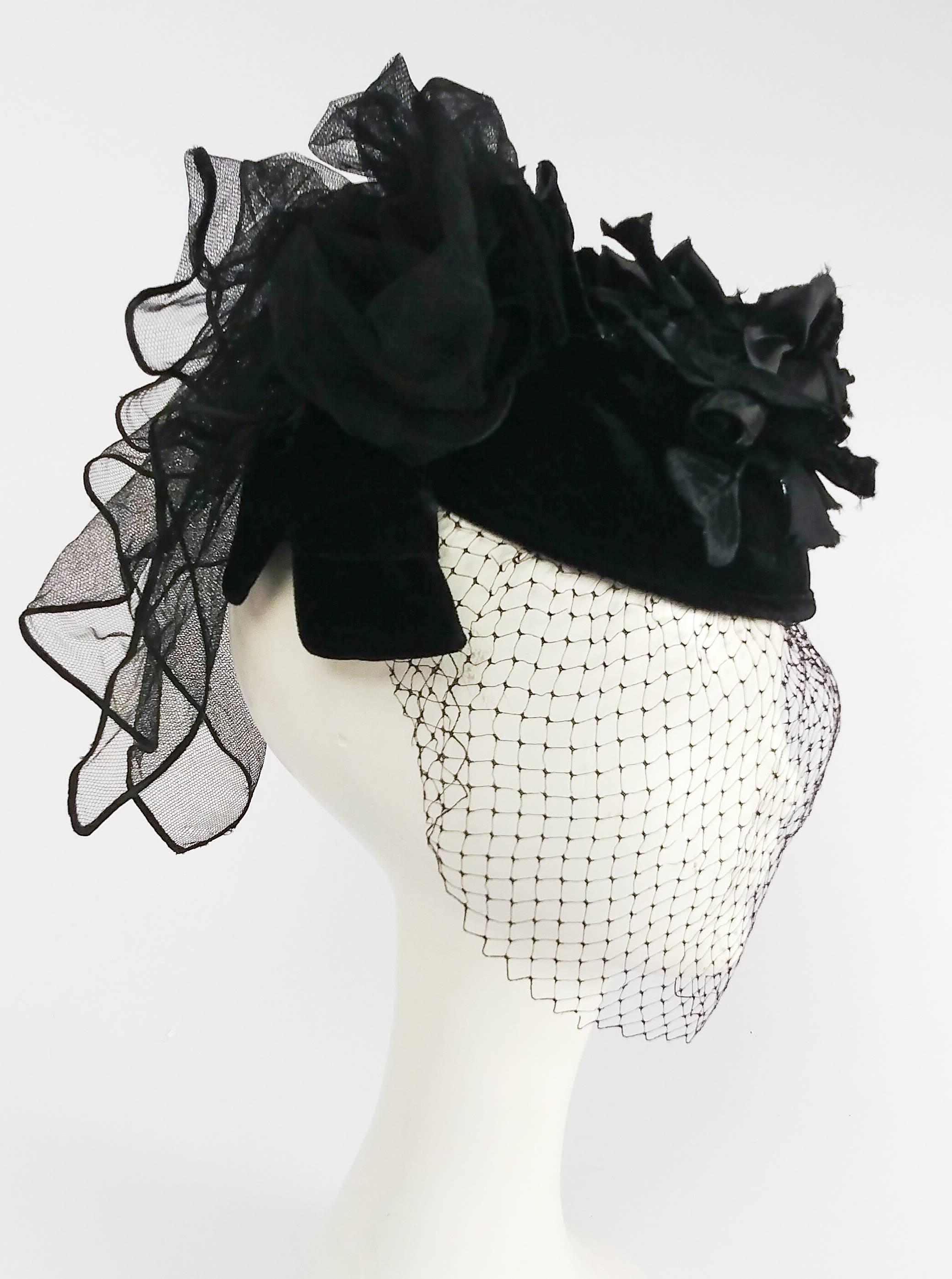 1940s Black Veiled Edwardian Style Velvet Cocktail Hat 1