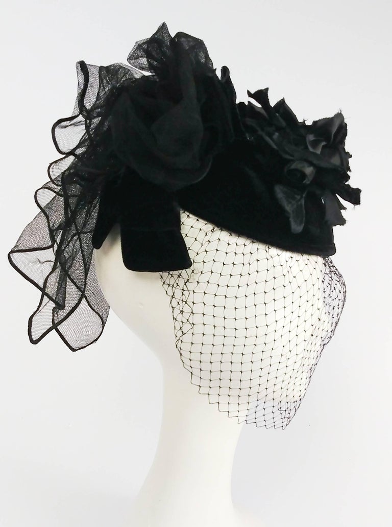 1940s Black Veiled Edwardian Style Velvet Cocktail Hat at 1stDibs