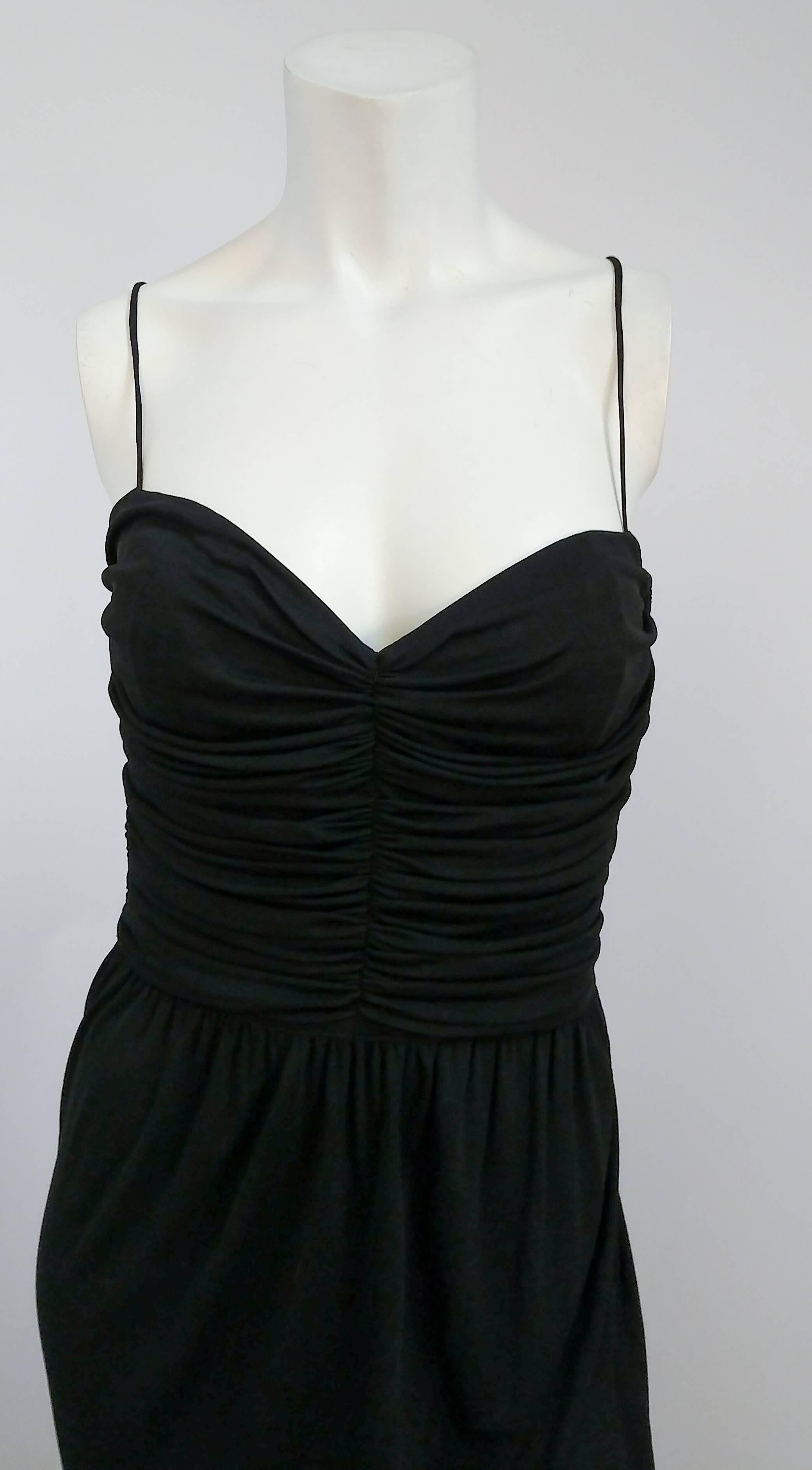 1970s Black Jersey Maxi Dress. Ruched front bodice. Sexy & strappy, with one slit up side for legs. 